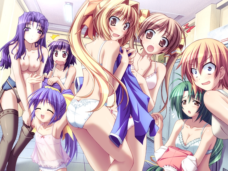 murakami suigun, kinoshita rumi, kugahara mimori, kunugi ayano, midou chihiro (pia carrot), yaegashi kanae, yamana kaede, yamana tokiko, pia carrot (series), pia carrot e youkoso!!, pia carrot e youkoso!! g.o., game cg, 1990s (style), 6+girls, :o, age difference, antenna hair, armpits, arms up, black panties, blonde hair, blue eyes, blush, bra, breasts, brown eyes, brown hair, camisole, cleavage, everyone, flat chest, garter belt, green hair, hair ribbon, hairband, lingerie, locker, locker room, loli, long hair, multiple girls, nipples, open mouth, orange hair, panties, pink eyes, pink panties, purple eyes, purple hair, retro artstyle, ribbon, see-through clothes, short hair, surprised, thighhighs, topless female, twintails, underwear, underwear only, undressing, very long hair, white panties, yuri
