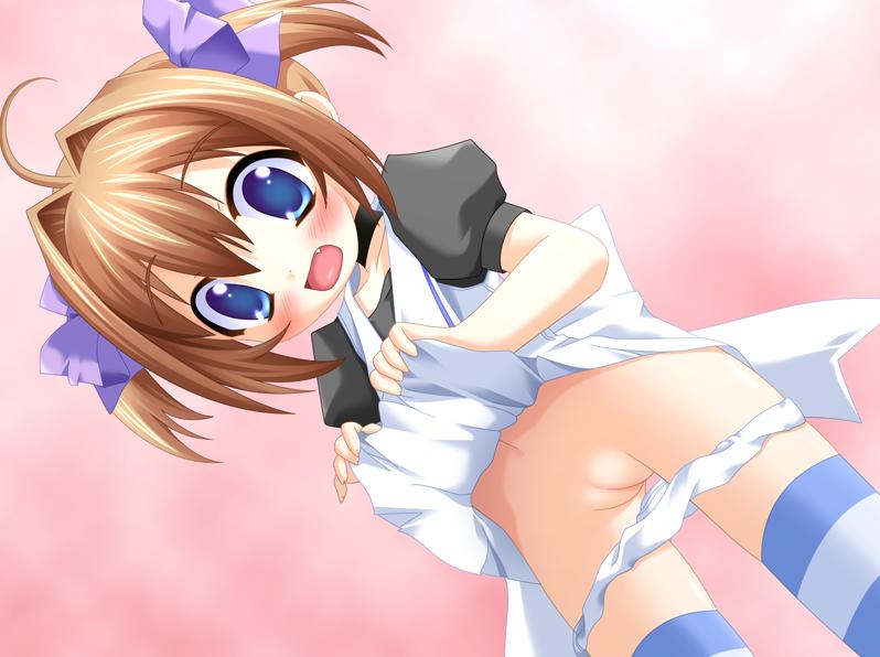 haga yui, shirakawa mizuki, nijiiro canvas, 1girl, blue eyes, cleft of venus, clothes lift, female focus, lifting own clothes, loli, maid, panties, panty pull, pussy, short twintails, skirt, skirt lift, solo, thigh gap, thighhighs, twintails, uncensored, underwear