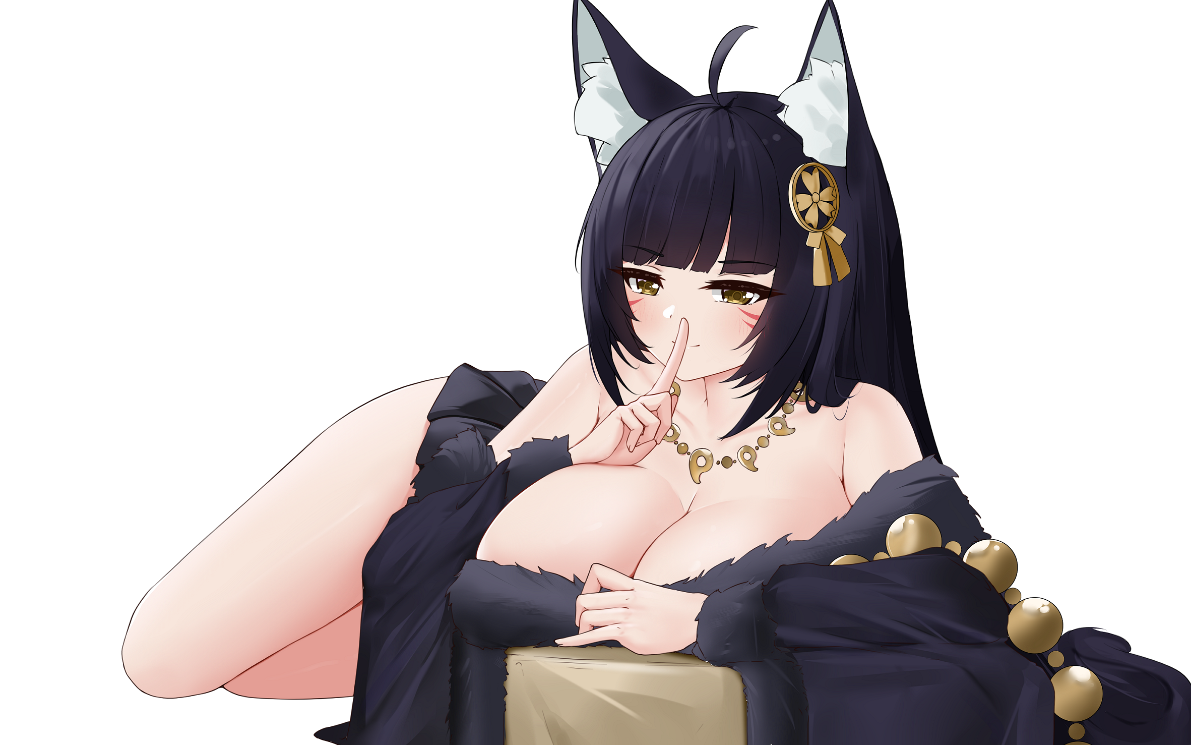 zerotwenty (020), musashi (azur lane), azur lane, highres, 1girl, ahoge, animal ear fluff, animal ears, black skirt, breasts, cleavage, collarbone, facial mark, finger to mouth, fox ears, fox girl, jewelry, large breasts, long sleeves, looking at viewer, lying, magatama, magatama necklace, miniskirt, necklace, on side, simple background, skirt, solo, whisker markings, white background, wide sleeves, yellow eyes
