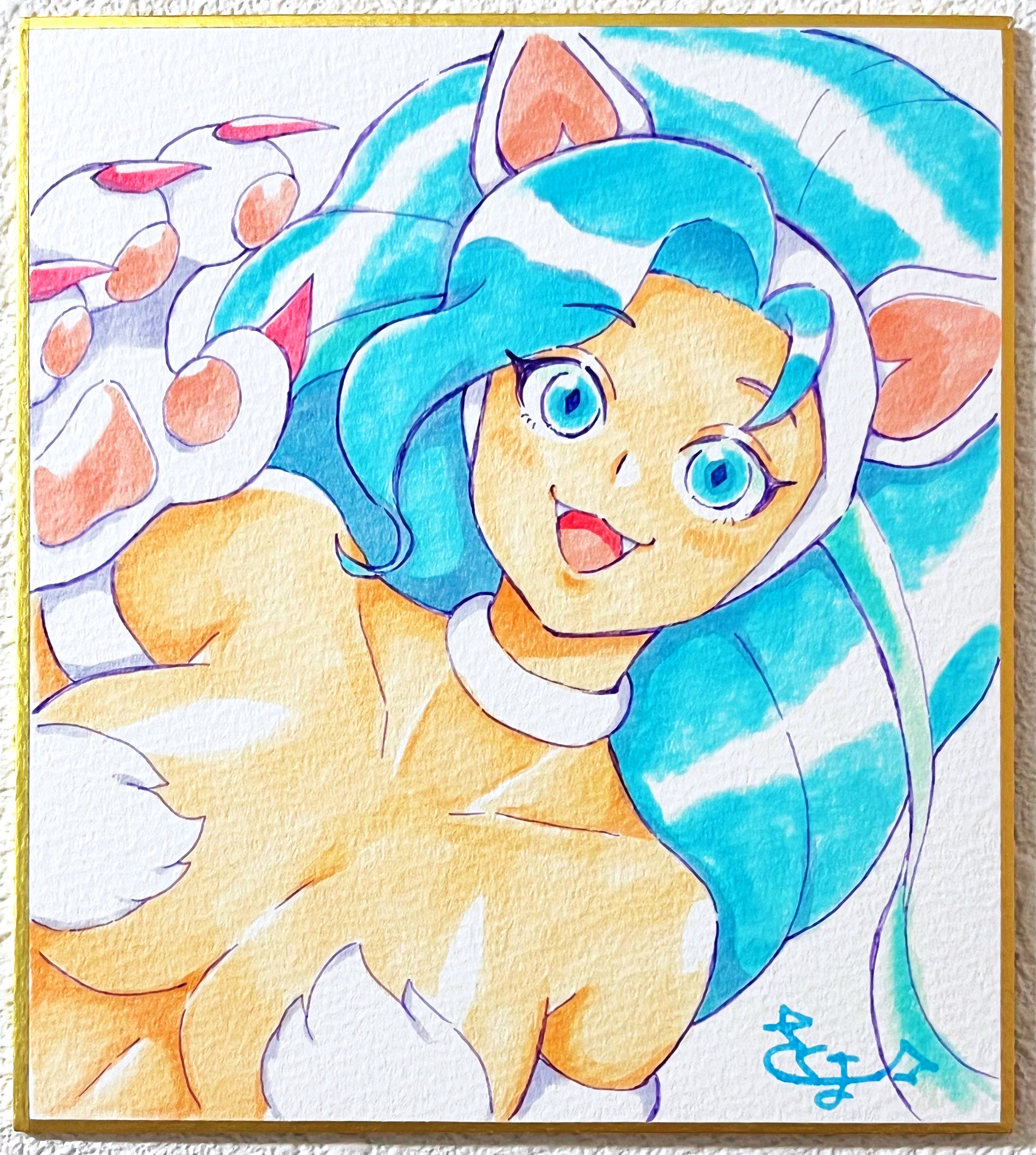 skm nnm, felicia (darkstalkers), darkstalkers, absurdres, commentary, english commentary, highres, photo (medium), traditional media, 1girl, animal ears, bare shoulders, blue eyes, blue hair, body fur, breasts, cat ears, cat girl, collarbone, fangs, large breasts, long hair, open mouth, shikishi, simple background, solo, upper body, white background, white fur