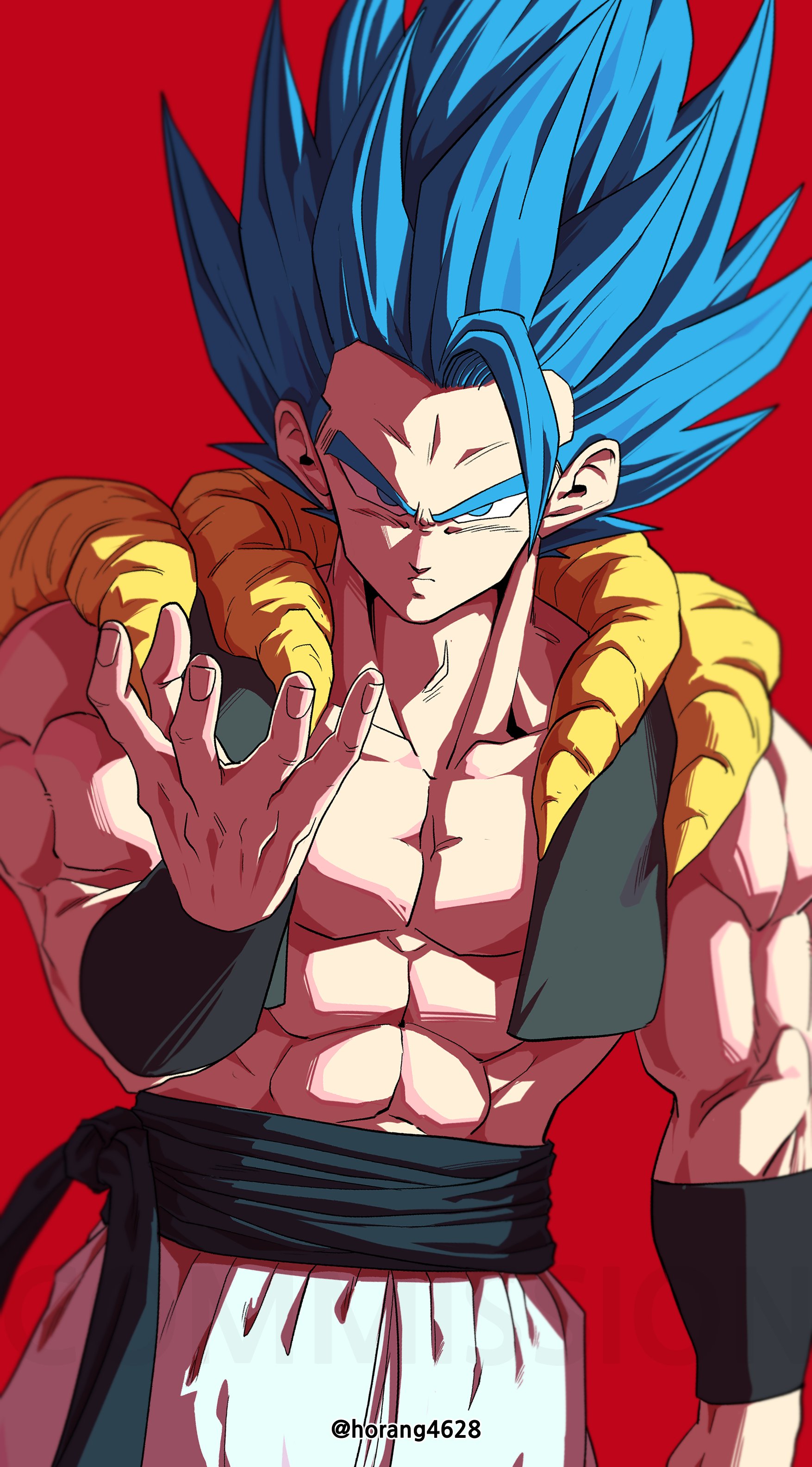 horang4628, gogeta, dragon ball, dragon ball super, dragon ball super broly, absurdres, commission, highres, 1boy, abs, bare shoulders, black sash, black vest, blue eyes, blue hair, cowboy shot, cropped vest, male focus, medium hair, metamoran vest, muscular, muscular male, no shirt, open clothes, open vest, pants, sash, simple background, solo, spiked hair, super saiyan, super saiyan blue, vest, white background, white pants
