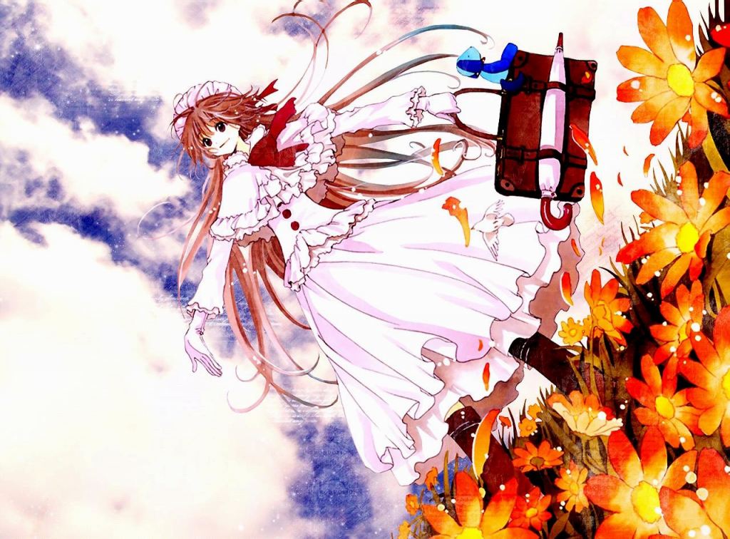 clamp, hanato kobato, ioryogi, kobato., original, 00s, 1girl, bird, brown hair, closed umbrella, cloud, dress, female focus, field, flower, flower field, long hair, ribbon, sky, solo, stuffed animal, stuffed toy, suitcase, umbrella