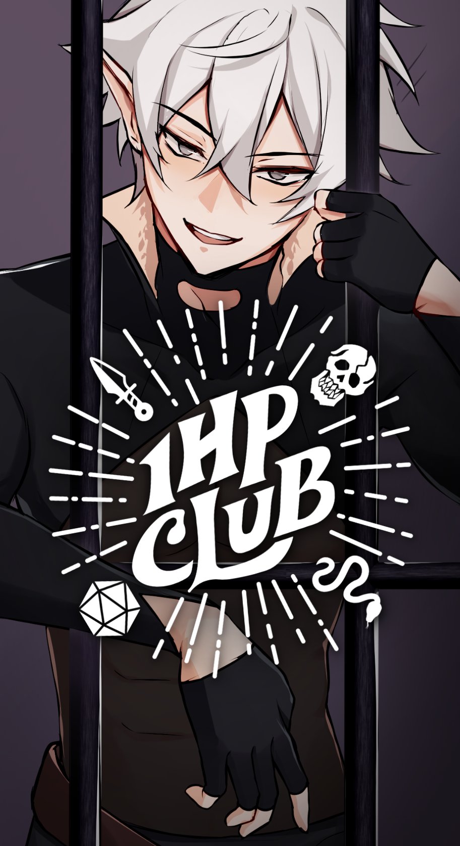elfboiii, commentary, english commentary, highres, promotional art, 1boy, 1hp club, :d, black gloves, black shirt, copyright logo, copyright name, crossed bangs, double-parted bangs, fingerless gloves, gloves, grey eyes, grin, hair between eyes, leaning, looking at viewer, male focus, obi (1hp club), open mouth, pointy ears, prison cell, shirt, short hair, smile, solo, white hair