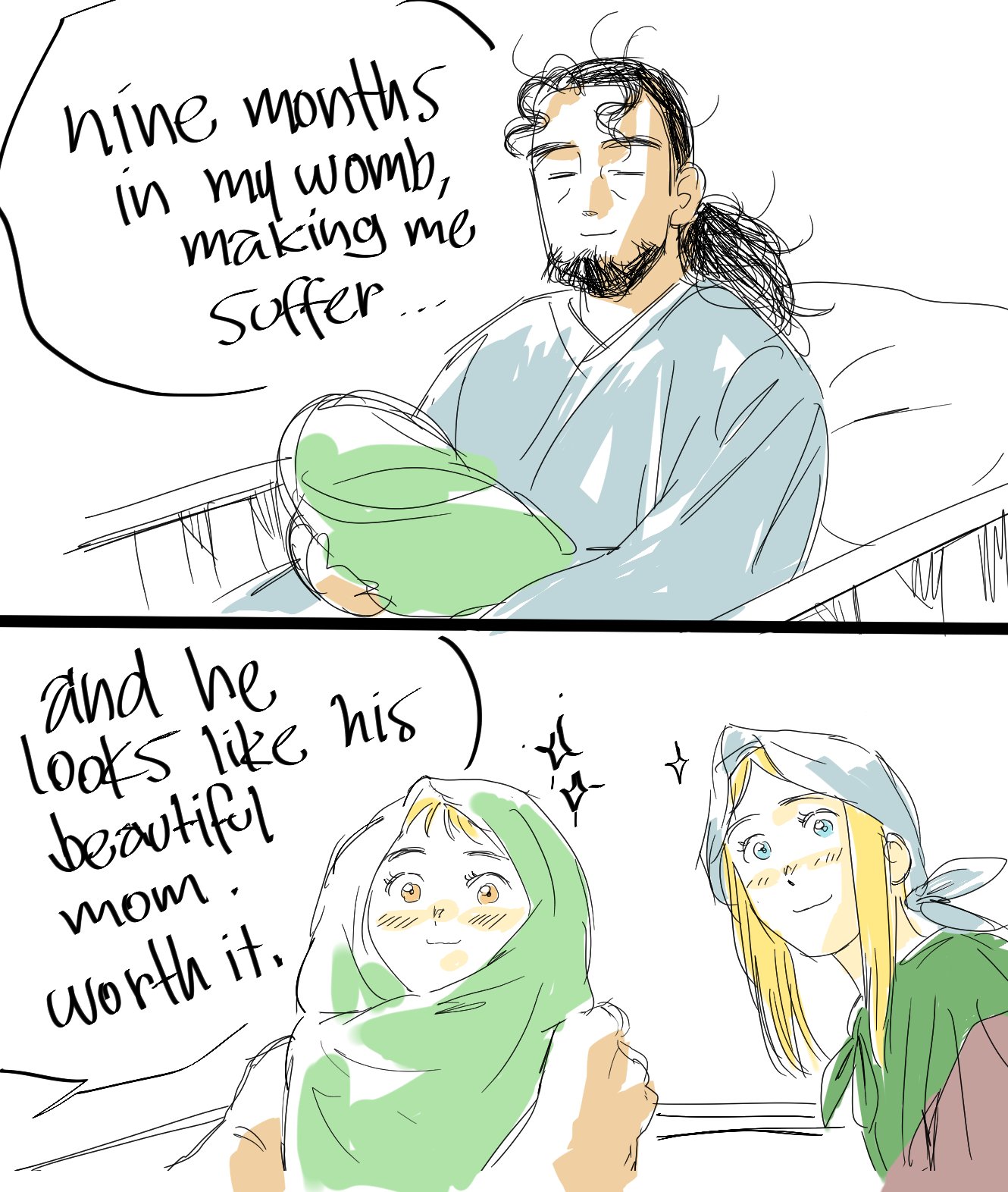 flrrrrr222222, helga (vinland saga), thorfinn, thors, vinland saga, highres, 1girl, 2boys, baby, bandana, beard, black hair, blonde hair, blue bandana, blue eyes, blue robe, blush, brown eyes, carrying, carrying baby, carrying person, english text, facial hair, family, father and son, green neckerchief, looking at another, low ponytail, male pregnancy, meme, mother and son, multiple boys, neckerchief, parent and child, parted bangs, ponytail, robe, short hair, sketch, smile, sparkle, upper body, viking, wavy hair