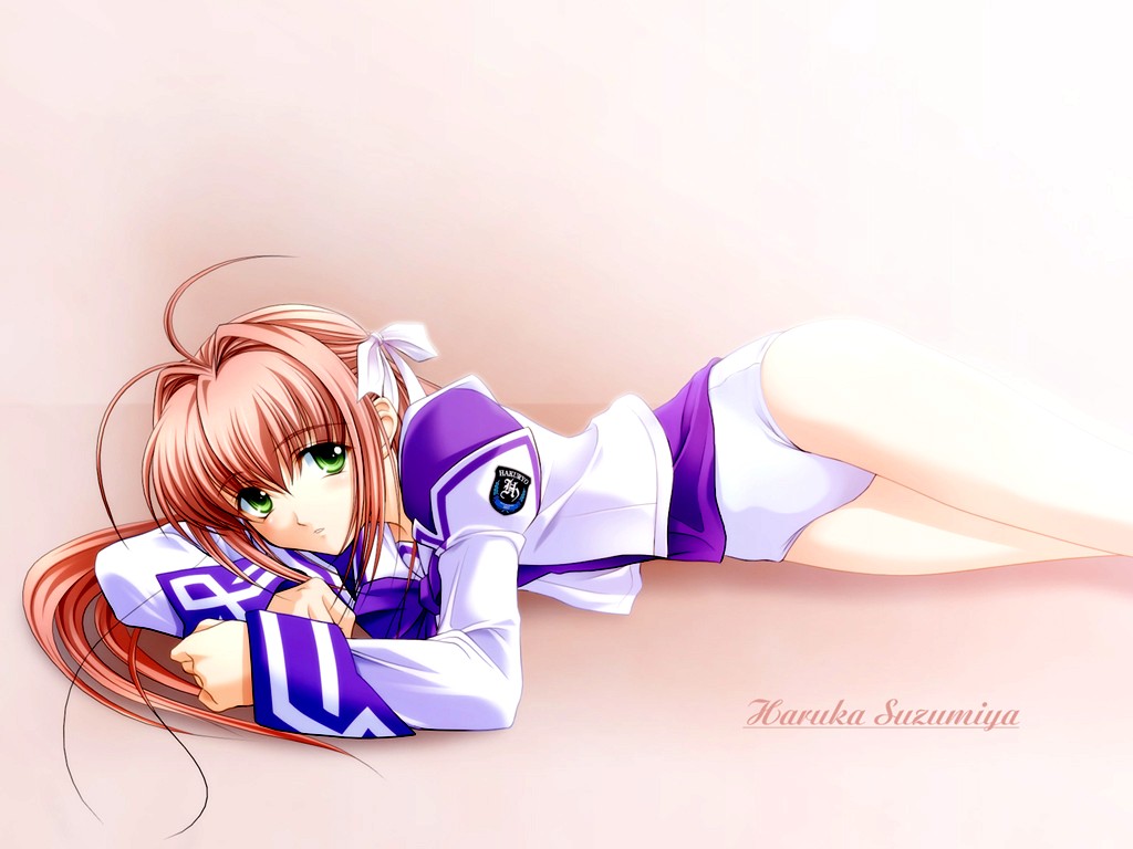 suzumiya haruka, kimi ga nozomu eien, 00s, 1girl, antenna hair, female focus, green eyes, lying, no pants, on side, one-piece swimsuit, red hair, school swimsuit, school uniform, serafuku, solo, swimsuit, swimsuit under clothes, white one-piece swimsuit, white school swimsuit