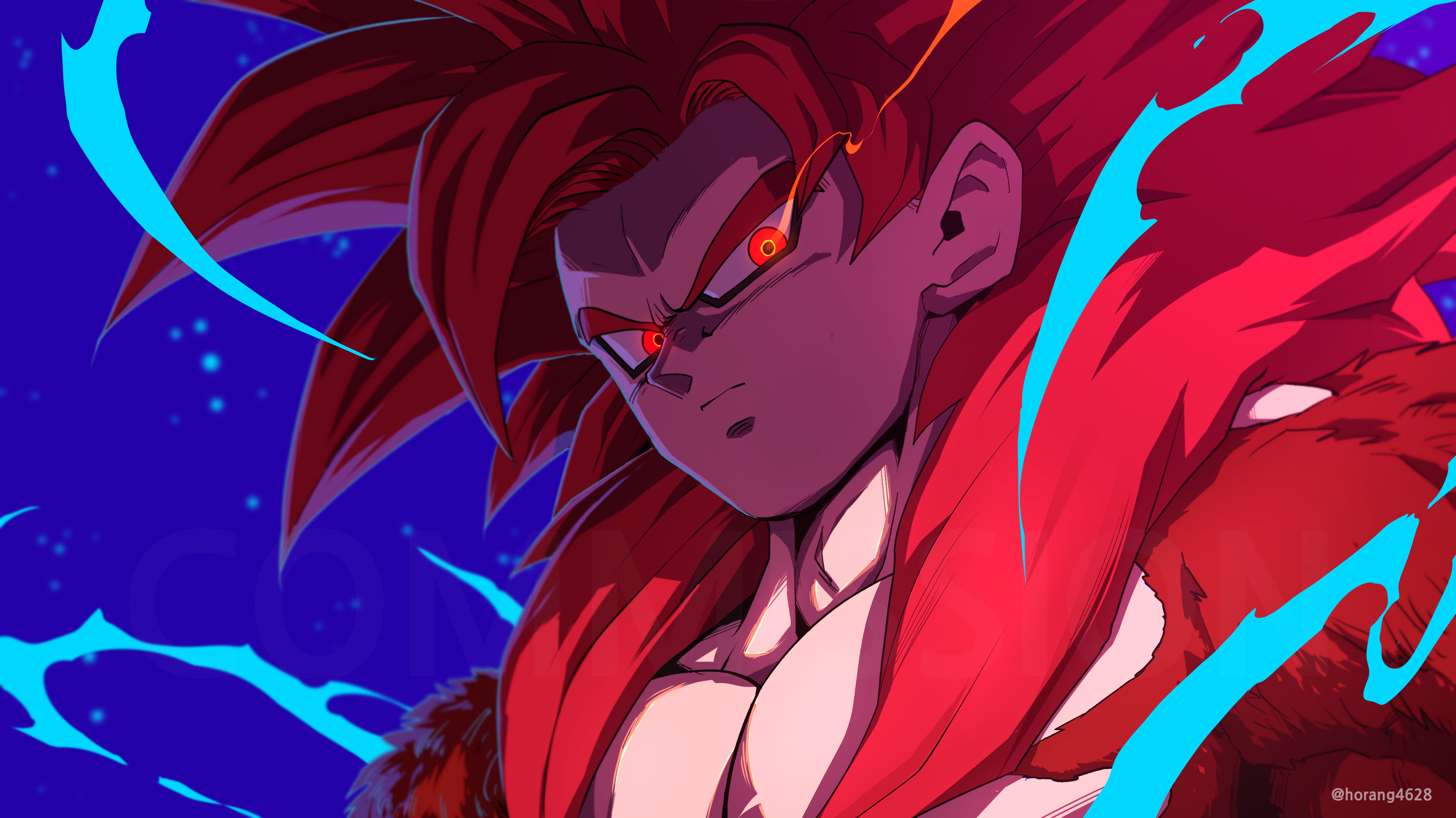 horang4628, son goku, dragon ball, dragon ball daima, absurdres, commentary, commission, english commentary, highres, 1boy, blue background, body fur, closed mouth, eye trail, glowing, glowing eyes, light trail, long hair, male focus, red eyes, red fur, serious, simple background, solo, spiked hair, super saiyan, super saiyan 4, twitter username, upper body