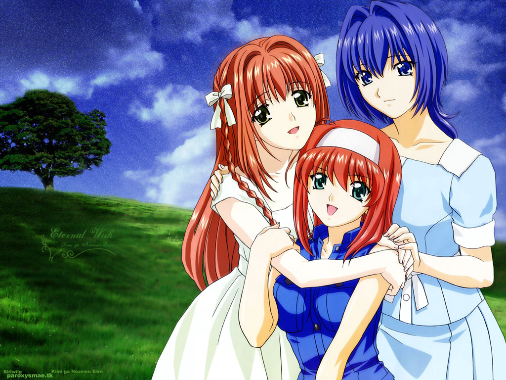 hayase mitsuki, suzumiya akane, suzumiya haruka, kimi ga nozomu eien, 00s, 3girls, aqua eyes, blue eyes, blue hair, brown hair, day, dress, grass, green eyes, hug, long hair, multiple girls, orange hair, red hair, short hair, sky, sundress, tree