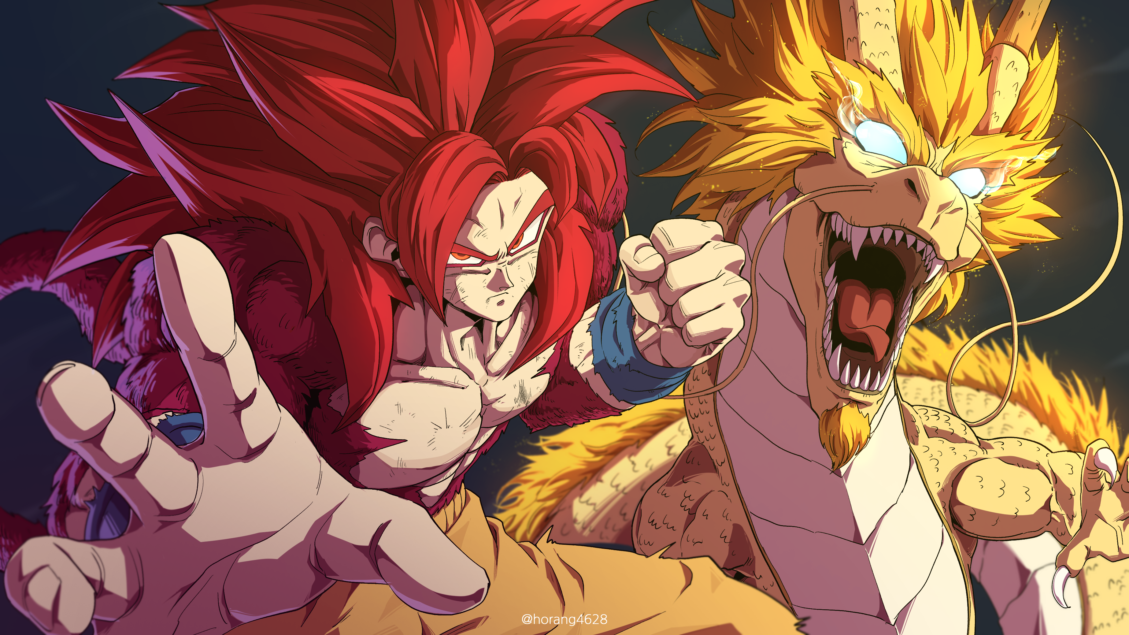 horang4628, shenron (dragon ball), son goku, dragon ball, dragon ball daima, absurdres, commentary request, highres, korean commentary, 1boy, alternate form, artist name, body fur, claws, clenched hand, closed mouth, collarbone, dragon, dragon fist (dragon ball), eastern dragon, fangs, fighting stance, glowing, glowing eyes, gold scales, horns, long hair, looking at viewer, male focus, monkey tail, muscular, muscular male, open mouth, orange eyes, orange pants, pants, pectorals, pink fur, red hair, scales, scratches, sharp teeth, spiked hair, super saiyan, super saiyan 4, tail, teeth, tongue, topless male, twitter username, v-shaped eyebrows, whiskers, wristband, yellow fur