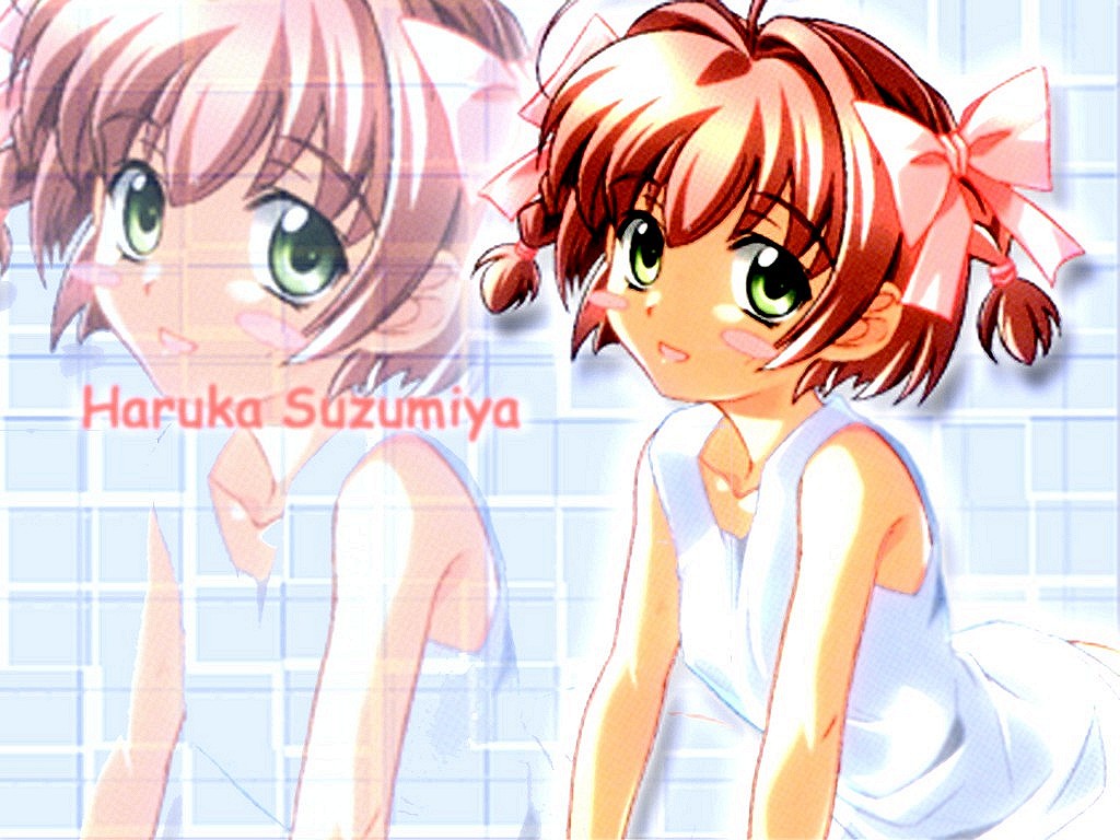 suzumiya haruka, kimi ga nozomu eien, 00s, 1girl, :d, bare shoulders, blush stickers, bow, checkered background, collarbone, dress, female focus, green eyes, hair bow, looking at viewer, open mouth, pink bow, pink hair, sleeveless, sleeveless dress, smile, solo, sundress, white dress