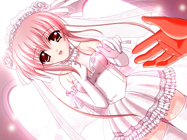 choco chip, kohinata yuki, atelier kaguya, imouto jiru, game cg, 00s, 1girl, choker, dress, dutch angle, elbow gloves, frills, gathers, gloves, light particles, pink hair, pink theme, pov, short hair, smile, solo focus, thighhighs, veil, wedding, wedding dress, white gloves, yellow eyes, zettai ryouiki