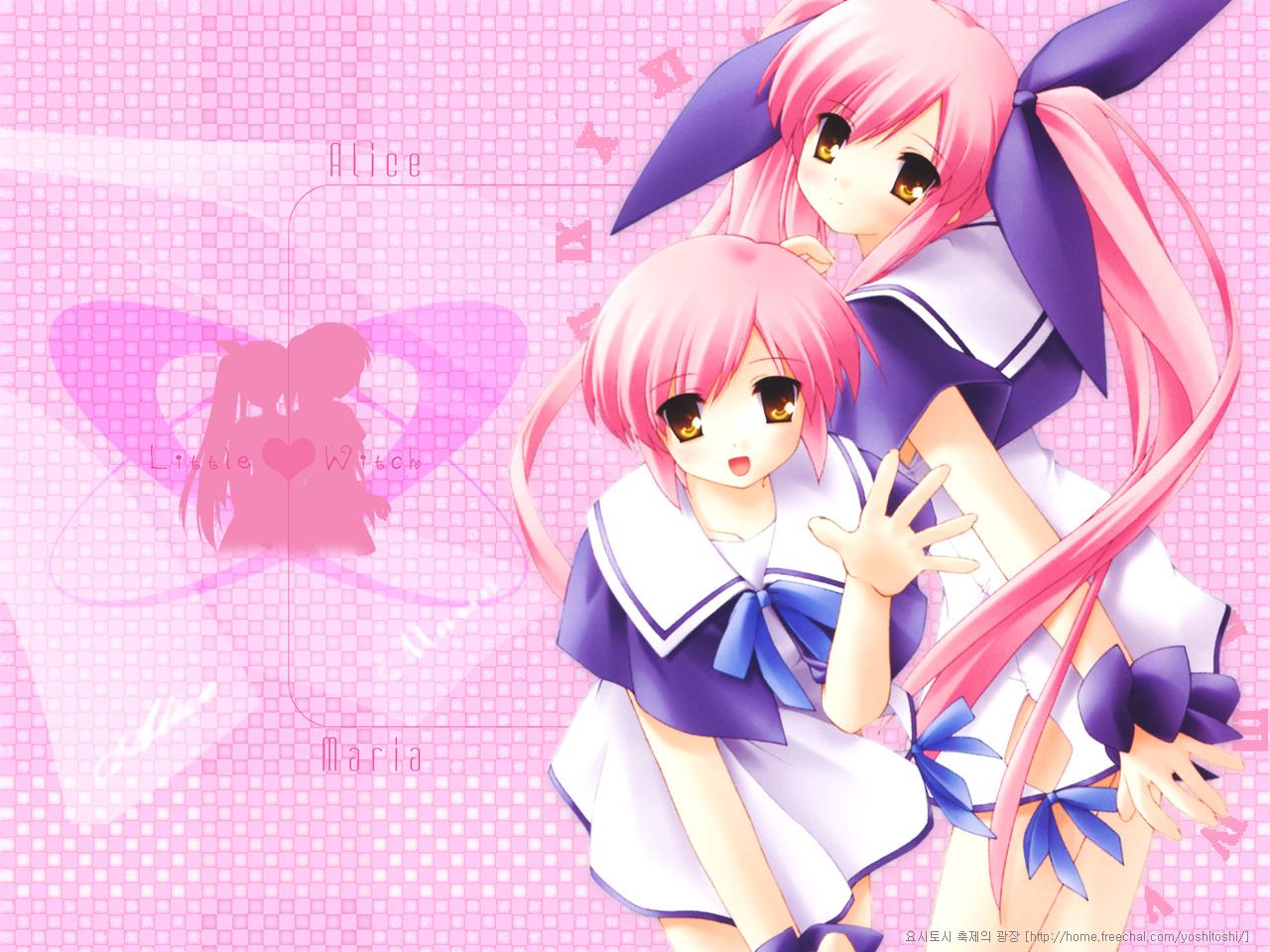 kousaka alice, kousaka maria, suigetsu, 2girls, dress, hair ribbon, leaning forward, long hair, multiple girls, pink hair, ribbon, school uniform, serafuku, short hair, siblings, sisters, twins, very long hair, waving, yellow eyes