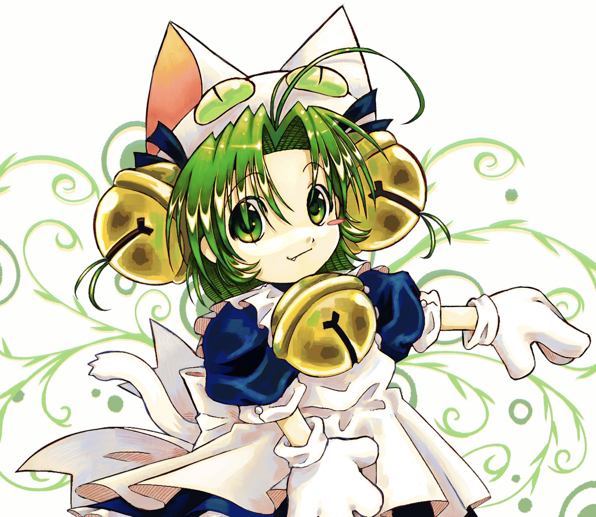eumillipes, dejiko, di gi charat, commentary, highres, 1girl, ahoge, animal ears, animal hands, animal hat, apron, bell, blush stickers, cat hat, cat tail, dress, fake animal ears, fang, fang out, gloves, green eyes, green hair, hat, hat bell, long sleeves, looking at viewer, neck bell, outstretched arm, parted bangs, paw gloves, puffy long sleeves, puffy sleeves, single blush sticker, smile, solo, tail