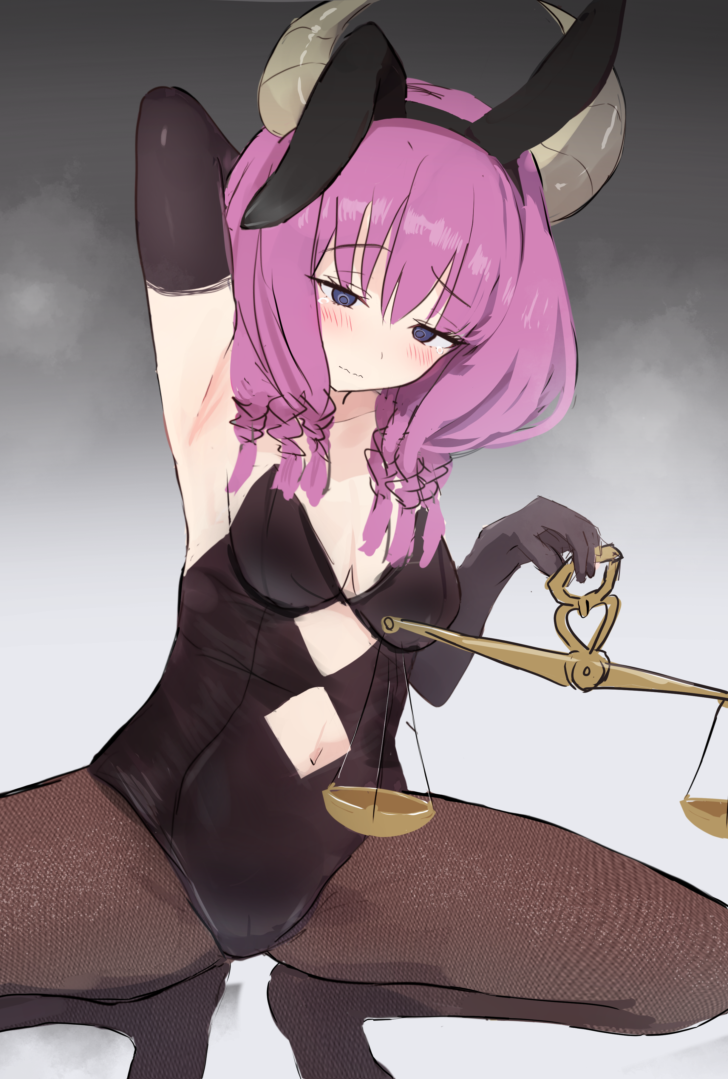 takku (t oekakidaisuki), aura (sousou no frieren), sousou no frieren, absurdres, commentary request, highres, variant set, 1girl, alternate costume, animal ear hairband, animal ears, arm up, armpits, balance scale, bare shoulders, black gloves, black hairband, black leotard, blush, breasts, brown pantyhose, cleavage, demon girl, demon horns, elbow gloves, fake animal ears, full body, gloves, gradient background, grey background, hairband, hand up, holding scale, horns, leotard, looking down, medium breasts, pantyhose, pink hair, playboy bunny, purple eyes, solo, squatting cowgirl position, tearing up, weighing scale, white background