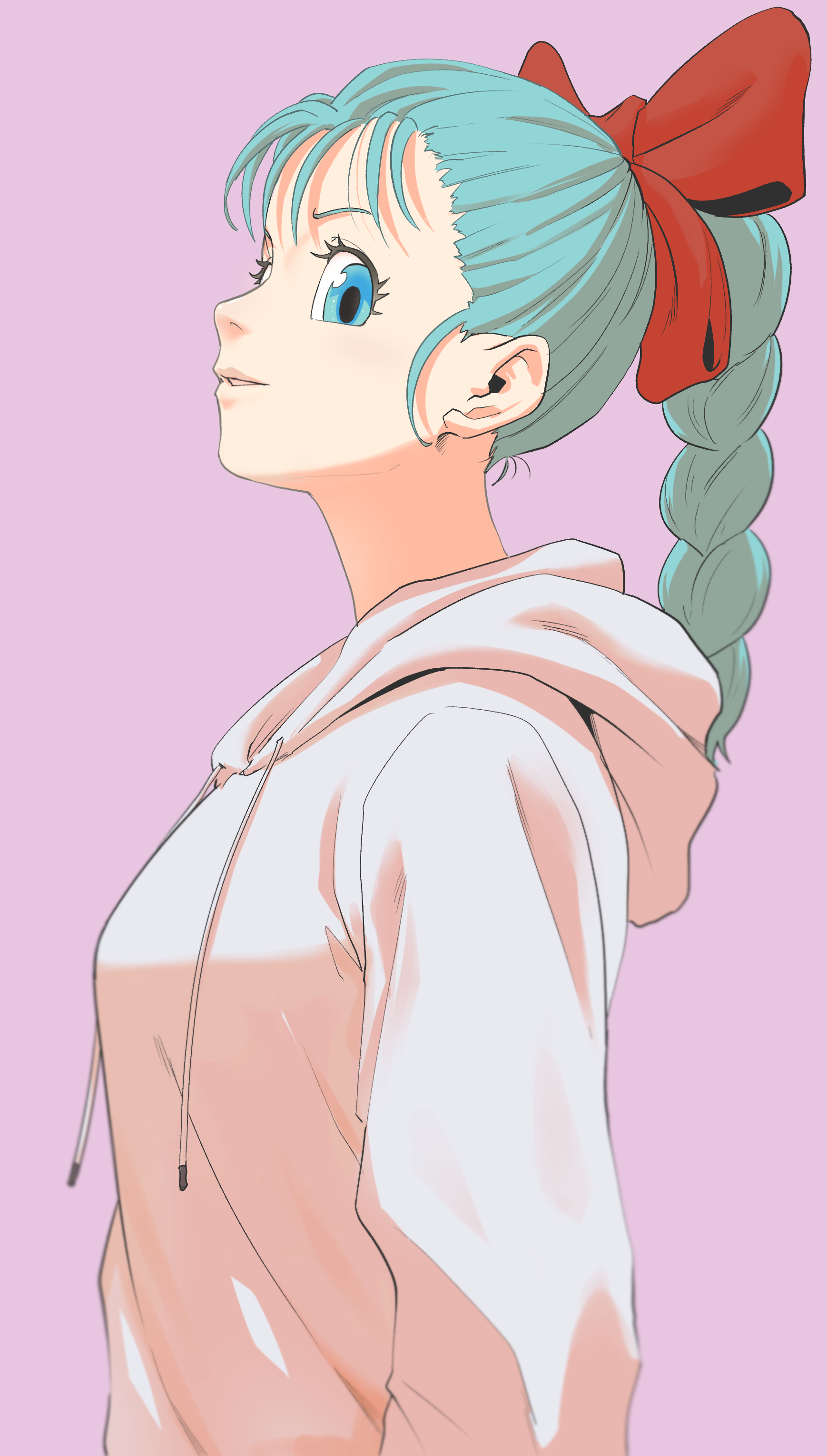 horang4628, bulma, dragon ball, dragon ball (classic), absurdres, highres, 1girl, blue eyes, blue hair, braid, braided ponytail, hair ribbon, high ponytail, hood, hood down, hoodie, ponytail, purple background, red ribbon, ribbon, simple background, solo, white hoodie