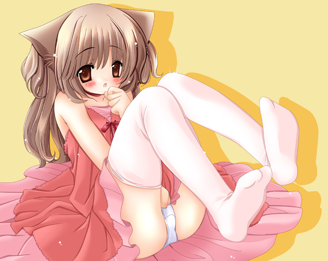 animal ears, blush, brown eyes, brown hair, cat ears, covering crotch, covering privates, dress, dress tug, legs up, panties, pantyshot, pink dress, sitting, solo, thighhighs, underwear, upskirt, white panties, white thighhighs
