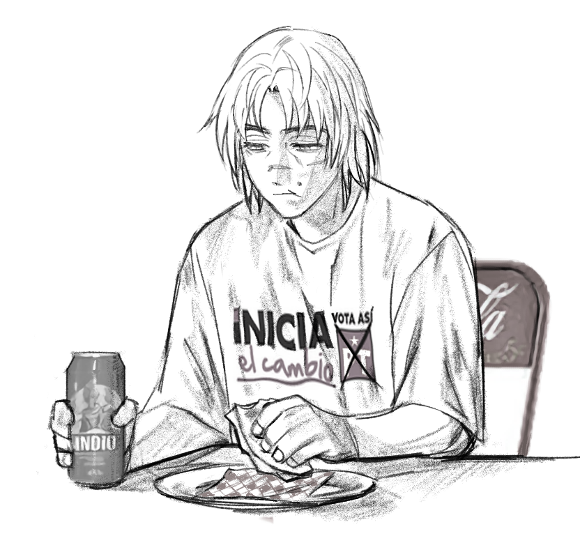 flrrrrr222222, thorfinn, coca-cola, vinland saga, 1boy, can, casual, chair, chewing, contemporary, eating, facial scar, folding chair, food, food on face, greyscale, half-closed eyes, holding, holding can, holding food, male focus, medium hair, monochrome, parted bangs, print shirt, quesadilla, scar, scar on cheek, scar on face, scar on nose, shirt, sketch, solo, t-shirt, upper body, white background