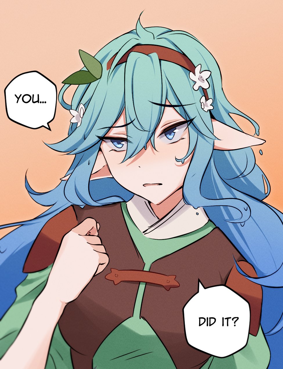 elfboiii, commentary, english commentary, highres, 1girl, 1hp club, blue eyes, blue hair, brown tunic, english text, ffion (1hp club), flower, gradient hair, green shirt, hair between eyes, hair flower, hair ornament, hairband, hand up, head tilt, leaf hair ornament, multicolored hair, pointy ears, raised eyebrow, shirt, shoulder pads, sidelocks, solo, speech bubble, tunic, upper body, wavy hair, worried