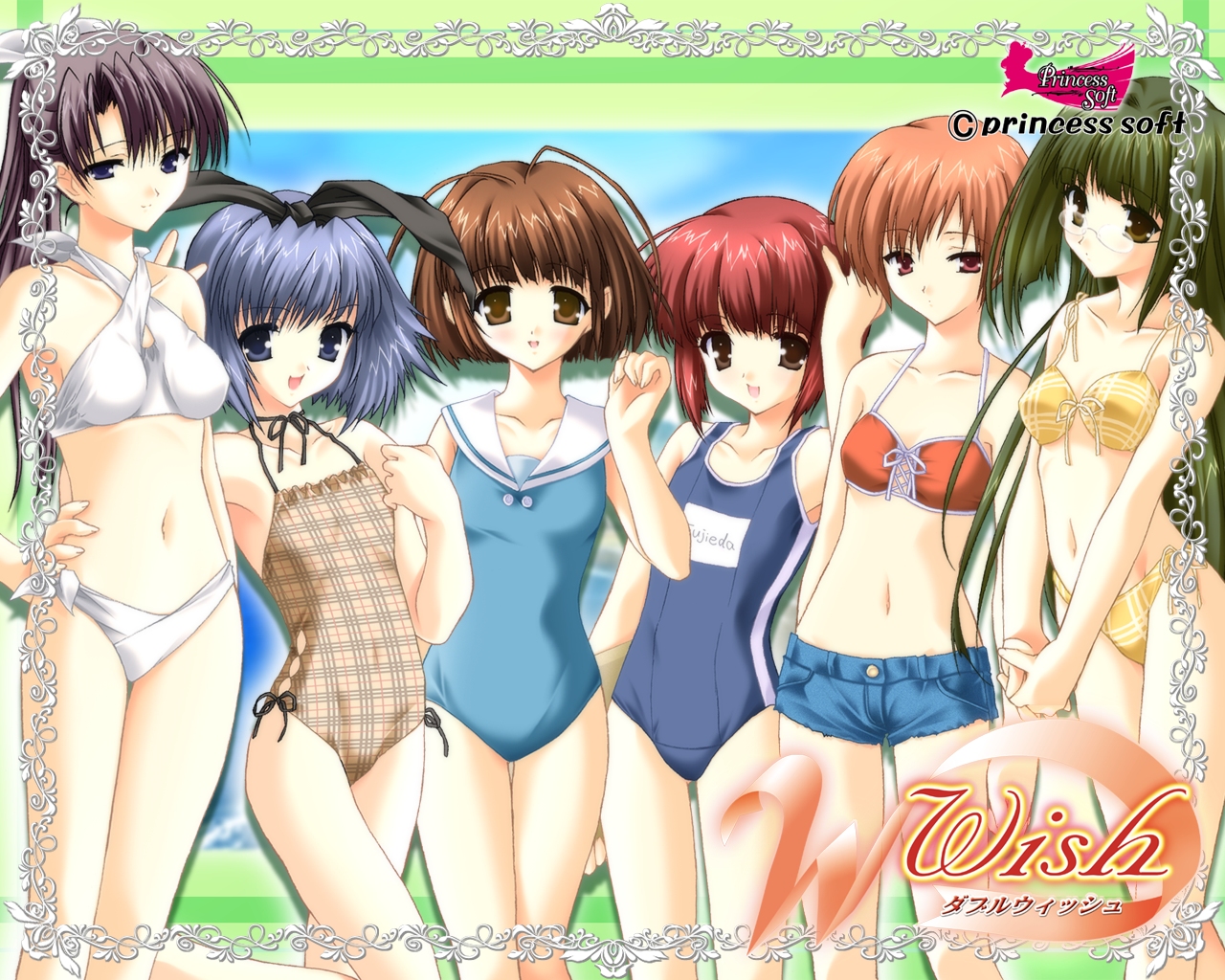 kisaragi mizu, fujie sana, iida akino, inohara haruhi, kishida tomo, ootori tsubasa, touno senna, w ~wish~, wwish, 00s, 6+girls, antenna hair, bikini, black hair, blue eyes, blue hair, blush, brown eyes, brown hair, casual one-piece swimsuit, company name, copyright name, criss-cross halter, cutoffs, denim, everyone, flat chest, front-tie top, glasses, green eyes, green hair, grey eyes, halterneck, hand on own hip, hip focus, hug, leg lift, lineup, long hair, looking at viewer, multiple girls, name tag, navel, one-piece swimsuit, orange hair, own hands clasped, own hands together, pink eyes, plaid bikini, plaid clothes, plaid one-piece swimsuit, ponytail, red eyes, school swimsuit, short hair, short shorts, shorts, smile, swimsuit, tankini, very long hair, white bikini