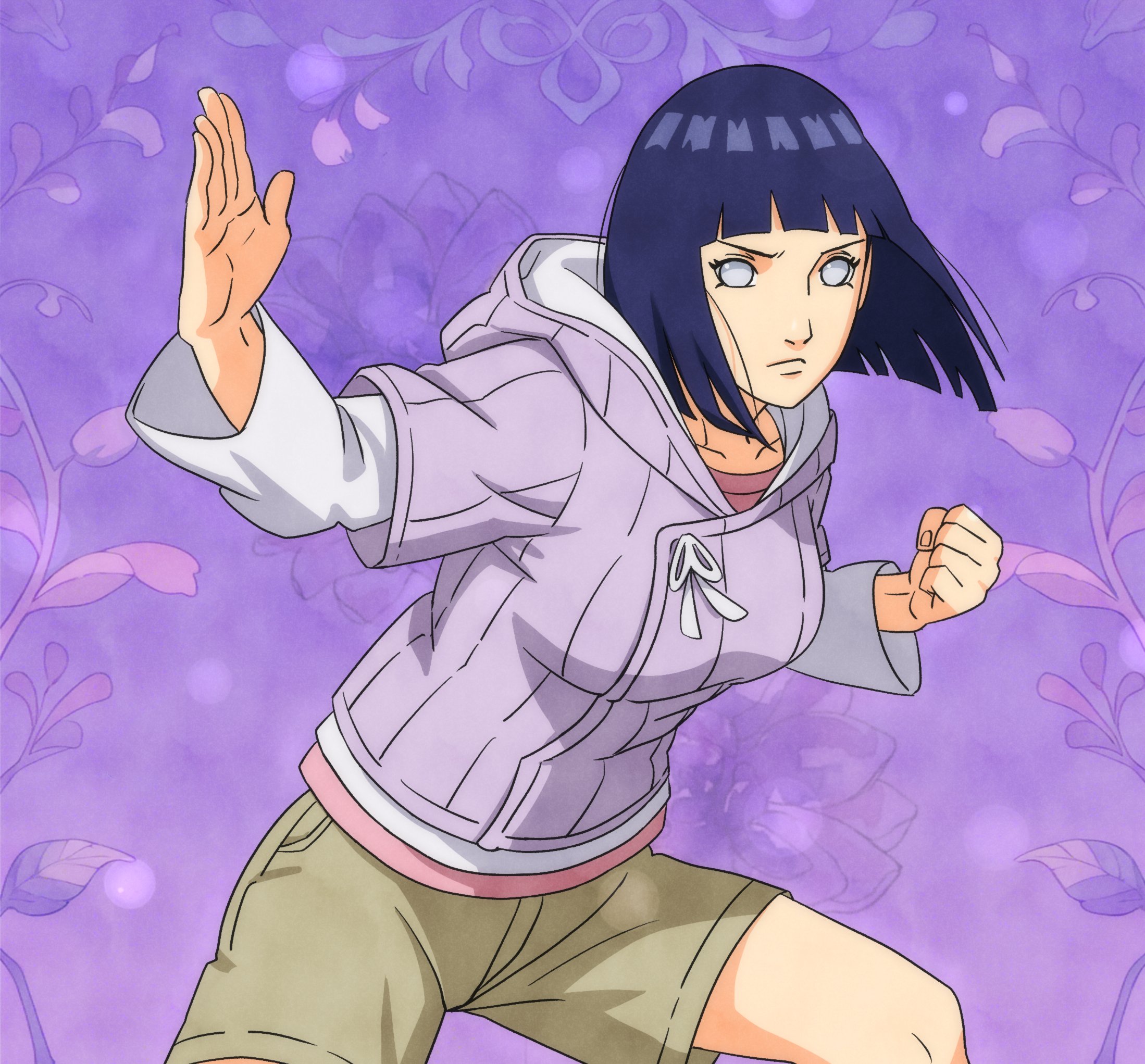nanxdaime, hyuuga hinata, boruto: naruto next generations, naruto (series), highres, black hair, breasts, brown shorts, clenched hand, fighting stance, hood, hooded jacket, jacket, large breasts, purple background, purple eyes, purple jacket, short hair, shorts