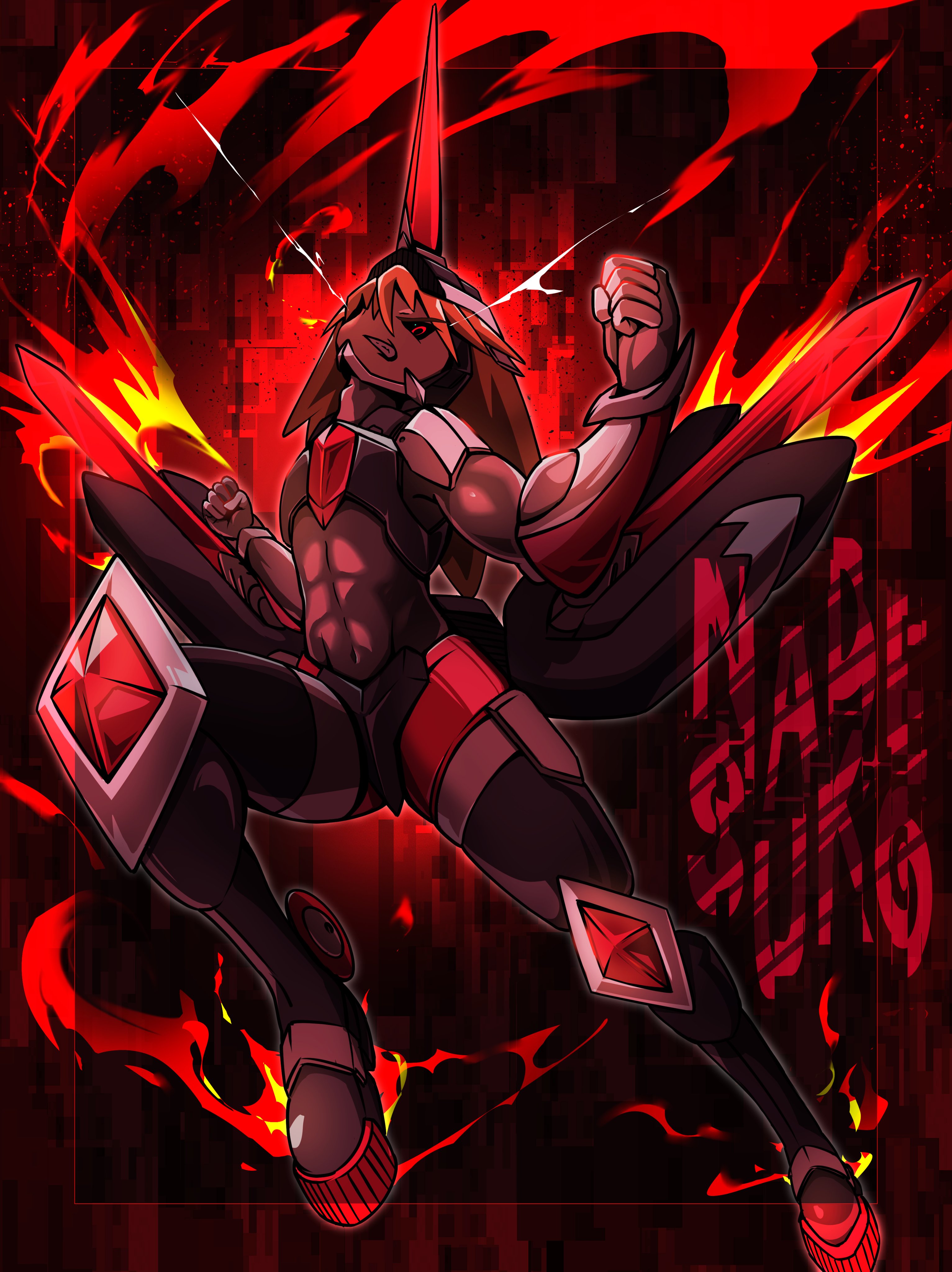 nadesukos, daytona (gunvolt), azure striker gunvolt, azure striker gunvolt 1, absurdres, highres, 1boy, armor, black armor, black bodysuit, black helmet, black sclera, bodysuit, chest jewel, clenched hands, colored sclera, fire, helmet, horns, male focus, medium hair, orange hair, red eyes, single horn, solo