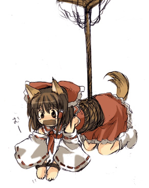 tako (plastic protein), hakurei reimu, touhou, lowres, 1girl, animal ears, bdsm, bondage, bound, dog ears, female focus, gag, gagged, improvised gag, kemonomimi mode, rope, socks, solo, suspension, tape, tape gag