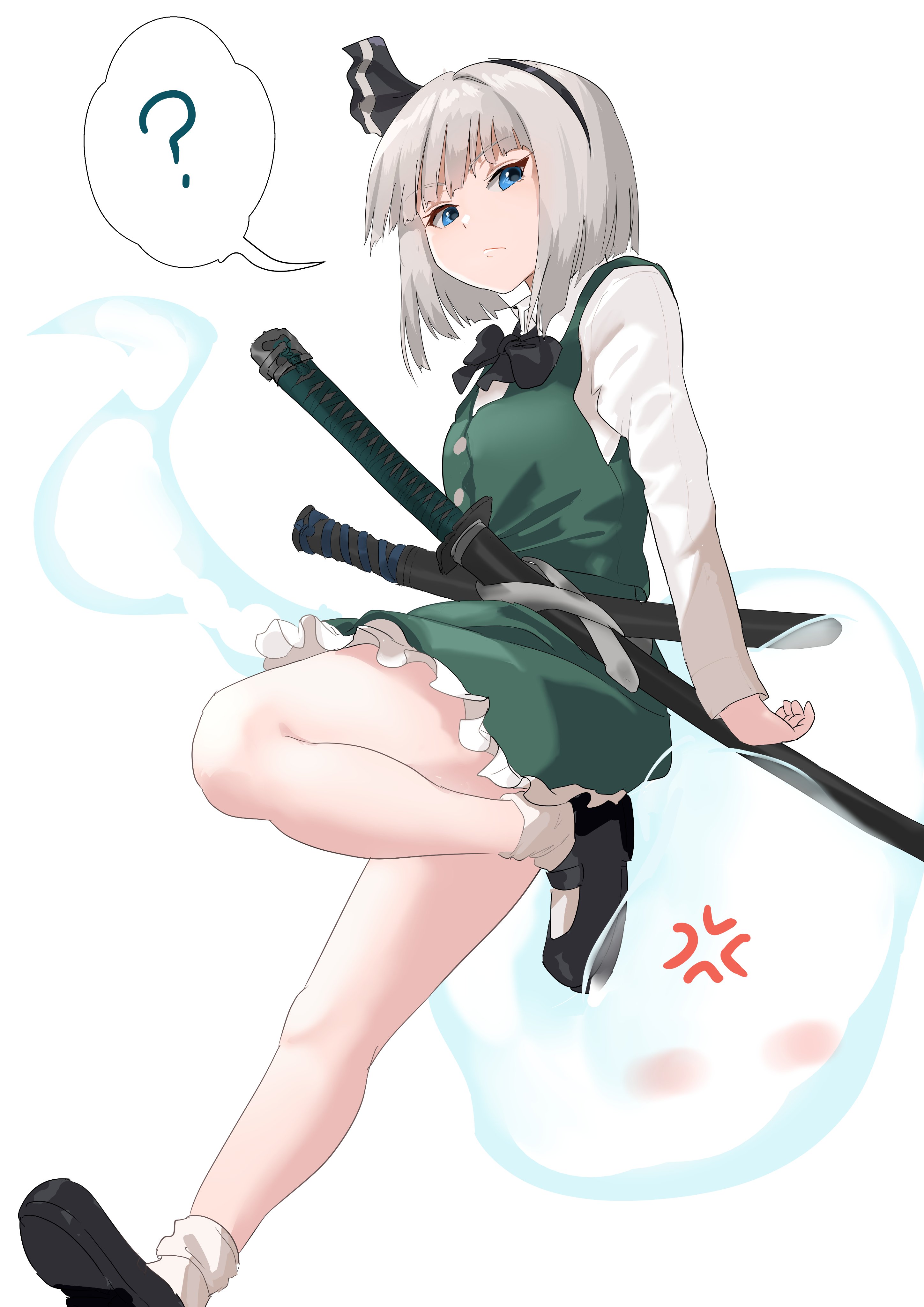 yuri kowashi (tetsukabuto nuranura), konpaku youmu, konpaku youmu (ghost), touhou, absurdres, highres, 1girl, ?, anger vein, black bow, black bowtie, black hairband, black shoes, blue eyes, bow, bow hairband, bowtie, frilled skirt, frills, frown, full body, green skirt, hairband, looking at viewer, mary janes, sheath, sheathed, shoes, short hair, simple background, skirt, socks, solo, speech bubble, spoken question mark, white background, white hair, white socks