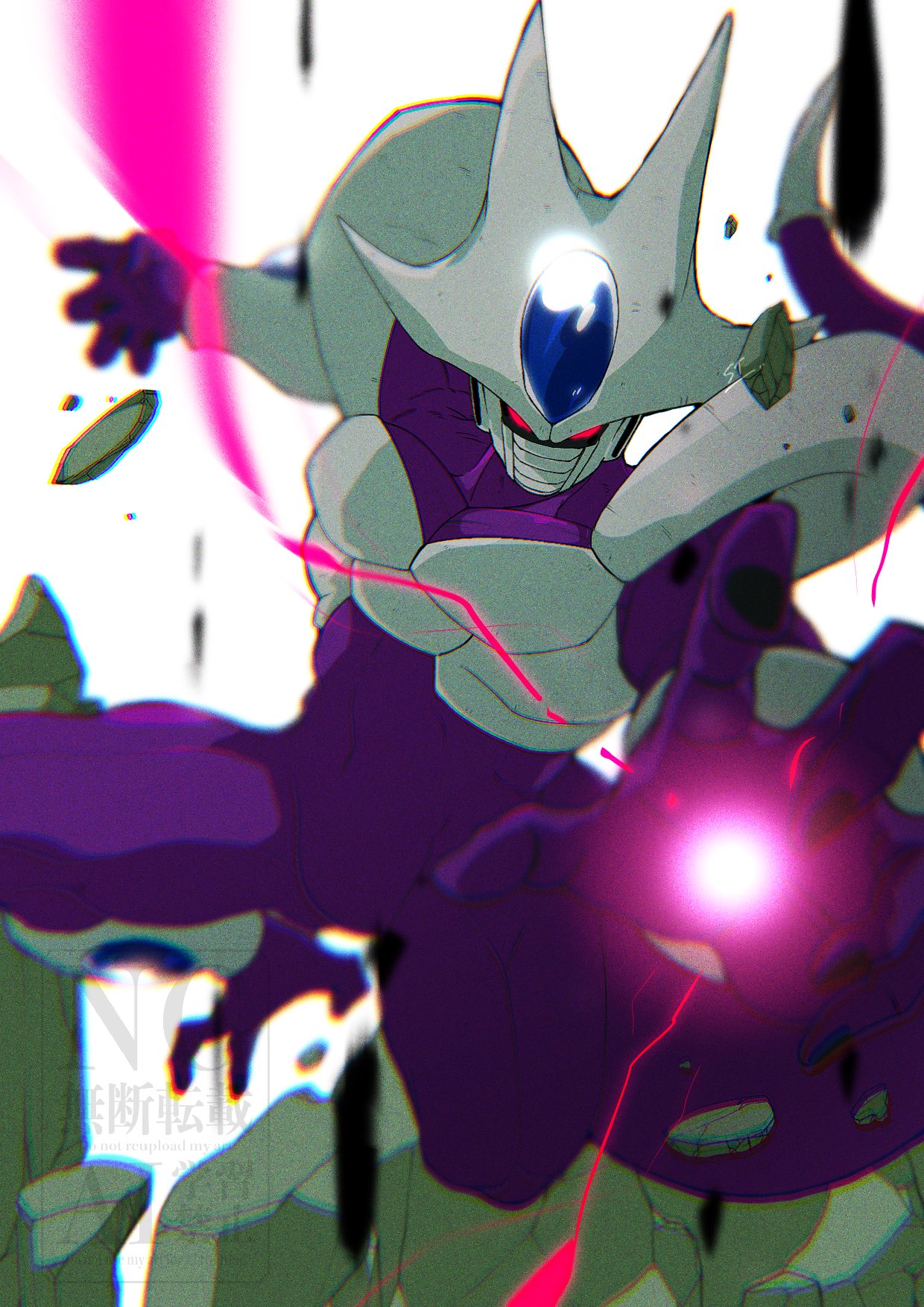 stktik09060906, cooler (dragon ball), dragon ball, dragonball z, highres, 1boy, alien, blurry, blurry foreground, colored skin, energy ball, forehead jewel, grey background, male focus, purple skin, red eyes, simple background, solo