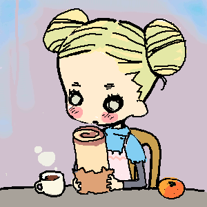 hanamoto hagumi, honey and clover, lowres, 00s, 1girl, cake, cup, female focus, food, fruit, indoors, mandarin orange, mug, oekaki, sitting, solo