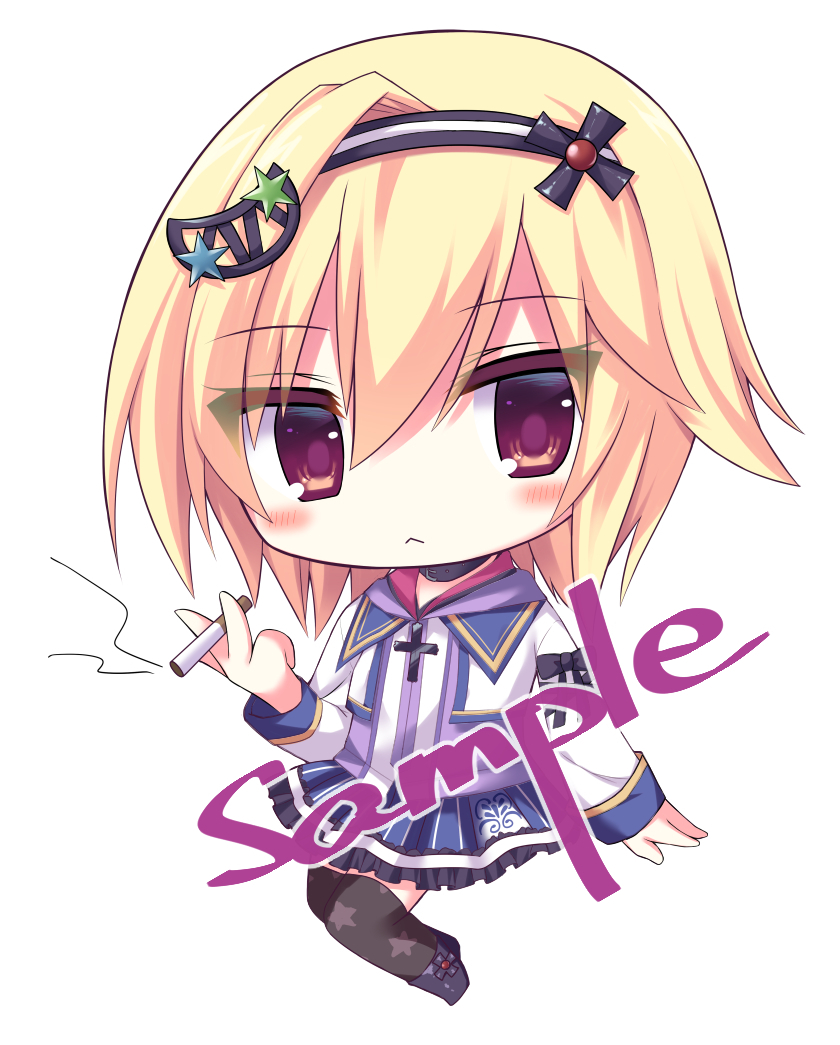 korokoro cat, souma ria, kin-iro loveriche, commentary request, 1girl, :<, arm at side, black choker, black hairband, black thighhighs, blonde hair, blue skirt, blush, blush stickers, chibi, chibi only, choker, cigarette, crescent, crescent hair ornament, cross hair ornament, cross ornament, eyes visible through hair, frilled skirt, frills, frown, full body, hair between eyes, hair ornament, hairband, hand up, holding, holding cigarette, long sleeves, looking at viewer, medium hair, miniskirt, print thighhighs, red eyes, sample watermark, school uniform, shirt, simple background, single hair intake, sitting, skirt, smoke, smoking, solo, star (symbol), star hair ornament, star print, thighhighs, watermark, white background, white shirt, zettai ryouiki