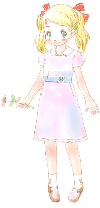 hanamoto hagumi, honey and clover, 00s, 1girl, belt, blonde hair, blush, breasts, dress, female focus, flower, full body, green eyes, hair ornament, hair ribbon, holding, long hair, looking at viewer, pigeon-toed, pink dress, pink shoes, red ribbon, ribbon, shoes, short sleeves, simple background, small breasts, smile, socks, solo, standing, twintails, white background, white socks