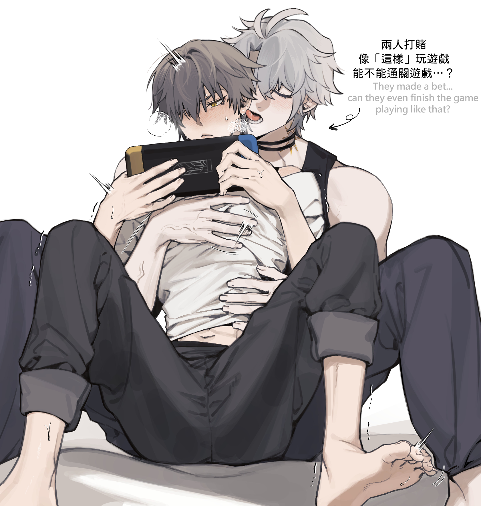 fumei20220904, caelus (honkai: star rail), phainon (honkai: star rail), trailblazer (honkai: star rail), honkai: star rail, honkai (series), highres, 2boys, antenna hair, arrow (symbol), bare shoulders, barefoot, bed sheet, black choker, black pants, black tank top, blush, chinese text, choker, closed eyes, closed mouth, ear licking, ear piercing, english text, feet, grey hair, groping, hair over one eye, hand on another's chest, handheld game console, heavy breathing, holding, holding handheld game console, hug, hug from behind, licking, male focus, midriff, motion lines, multiple boys, navel, neck tattoo, nintendo switch, off-shoulder shirt, off shoulder, on bed, open mouth, pants, pectoral grab, piercing, saliva, shirt, short hair, simple background, sitting, spread legs, sweat, tank top, tattoo, teeth, toes, tongue, tongue out, trembling, white background, white hair, white shirt, yaoi, yellow eyes