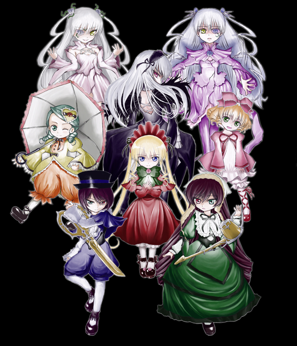 iseki (kuroshura no tabiji), iseki (otameshi), barasuishou, hinaichigo, kanaria, kirakishou, shinku, souseiseki, suigintou, suiseiseki, rozen maiden, 00s, 6+girls, blonde hair, bow, doll joints, everyone, heterochromia, joints, multiple girls, pantyhose, pink bow