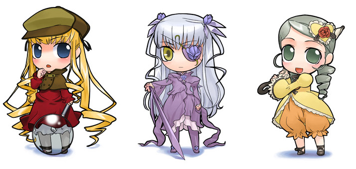 barasuishou, kanaria, shinku, rozen maiden, eyebrows, silver hair, 00s, 3girls, :d, :o, blonde hair, blue eyes, blush, brown hair, buttons, capelet, chibi, chibi only, closed umbrella, dress, drill hair, flower eyepatch, frills, green eyes, green hair, hair ornament, hat, heart, heart hair ornament, long sleeves, looking at viewer, multiple girls, open mouth, puffy pants, purple dress, simple background, smile, standing, sword, twin drills, twintails, two side up, umbrella, weapon, white background, wide-eyed