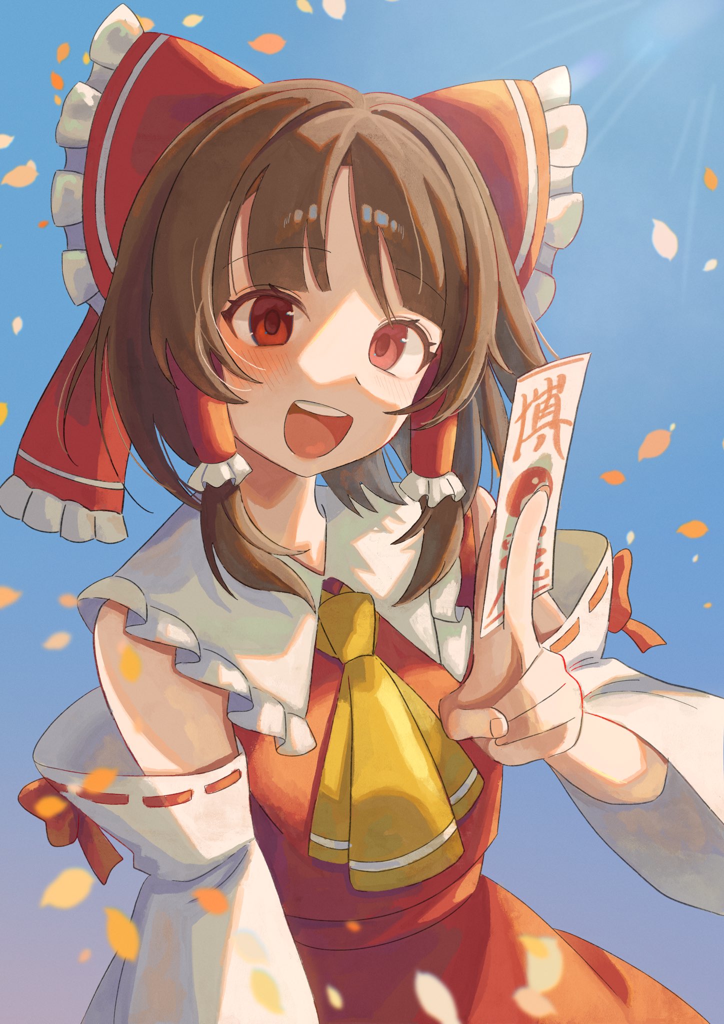 hakurei reimu, touhou, highres, 1girl, ascot, bare shoulders, blue background, bow, brown hair, detached sleeves, falling petals, frilled bow, frilled hair tubes, frills, hair bow, hair tubes, holding, holding ofuda, nontraditional miko, ofuda, open mouth, petals, red bow, red eyes, red shirt, red skirt, reimu day, ribbon-trimmed sleeves, ribbon trim, shirt, skirt, sleeveless, sleeveless shirt, solo, teeth, upper teeth only, yellow ascot, yodachiki