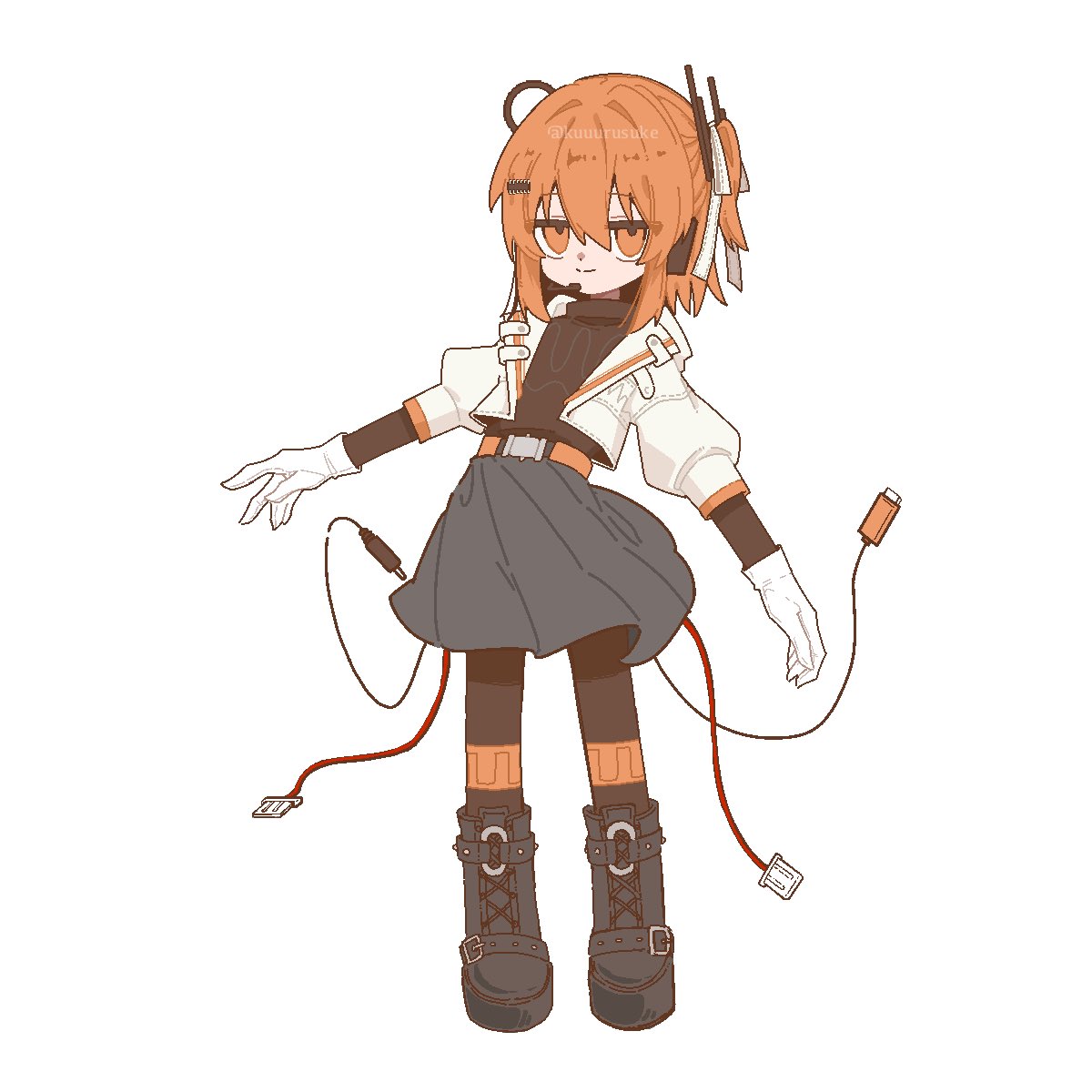 kuuurusuke, adachi rei, a.i. voice, utau, highres, 1girl, alternate costume, belt, black boots, black pantyhose, black shirt, boots, cable, closed mouth, full body, gloves, grey skirt, jacket, layered sleeves, long sleeves, looking at viewer, medium hair, miniskirt, open clothes, open jacket, orange belt, orange eyes, orange hair, pantyhose, pleated skirt, shirt, short-sleeved jacket, short over long sleeves, short sleeves, skirt, solo, standing, white background, white gloves, white jacket
