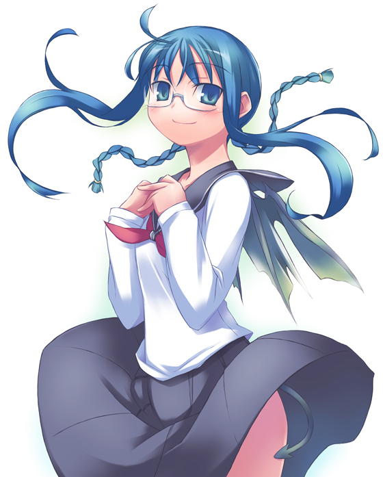 nanakusa, blue eyes, blue hair, braid, glasses, school uniform, serafuku, solo, tail, twin braids, wind, wind lift, wings