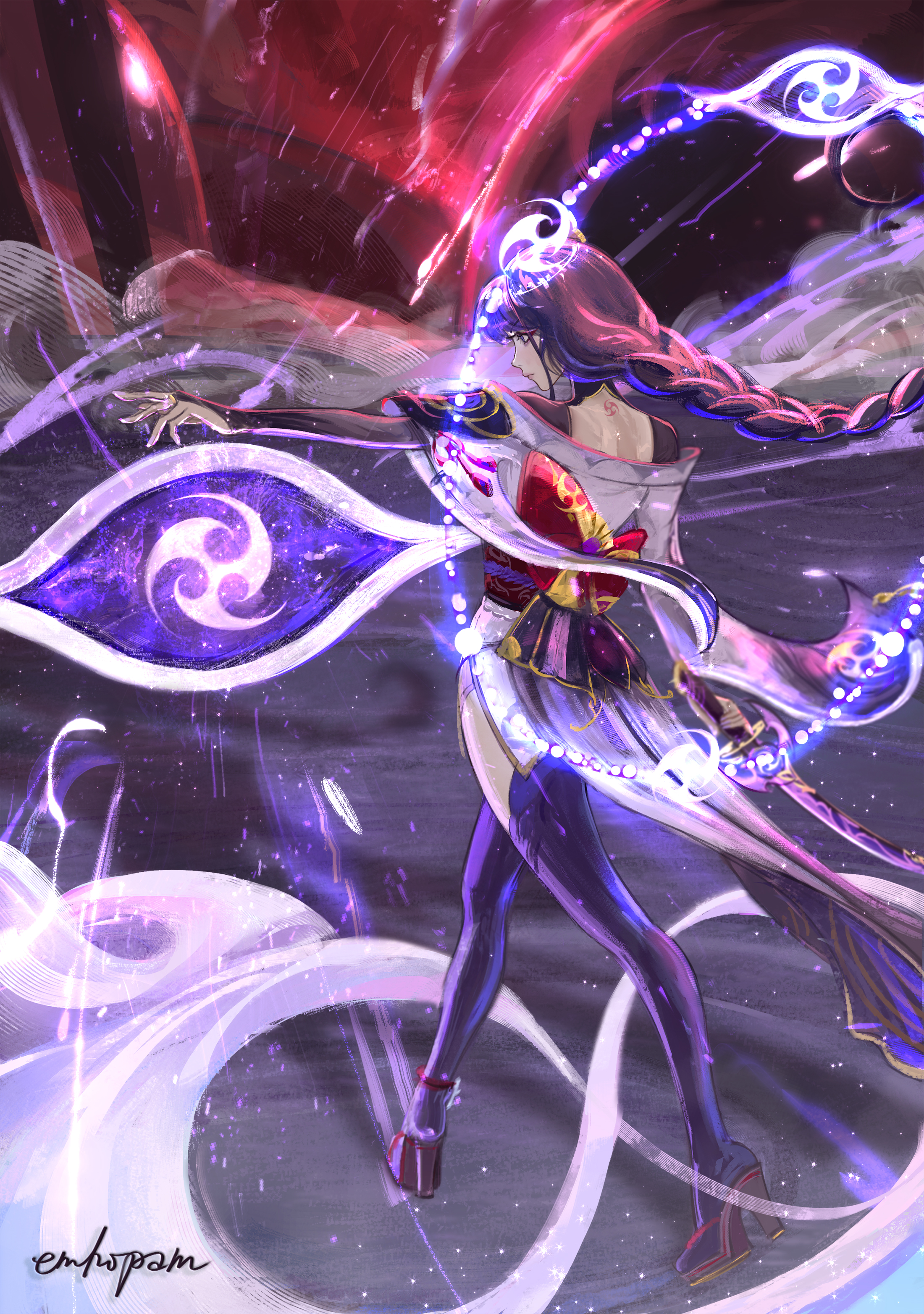 liv emhoff, raiden shogun, genshin impact, absurdres, commentary, english commentary, highres, 1girl, arm up, artist name, asymmetrical sleeves, back bow, back tattoo, blunt bangs, bow, braid, bridal gauntlets, closed mouth, eclipse, electricity, eye symbol, eyeliner, from behind, from side, full body, glowing, hair ornament, japanese clothes, kimono, long braid, long hair, looking to the side, makeup, mitsudomoe (shape), moon, multicolored hair, off shoulder, powering up, purple eyes, purple kimono, purple thighhighs, red eyeliner, red sash, red sky, sash, shade, signature, single braid, sky, solo, standing, streaked hair, tattoo, thighhighs, thighs, tomoe (symbol), uneven sleeves, walking, wide sleeves