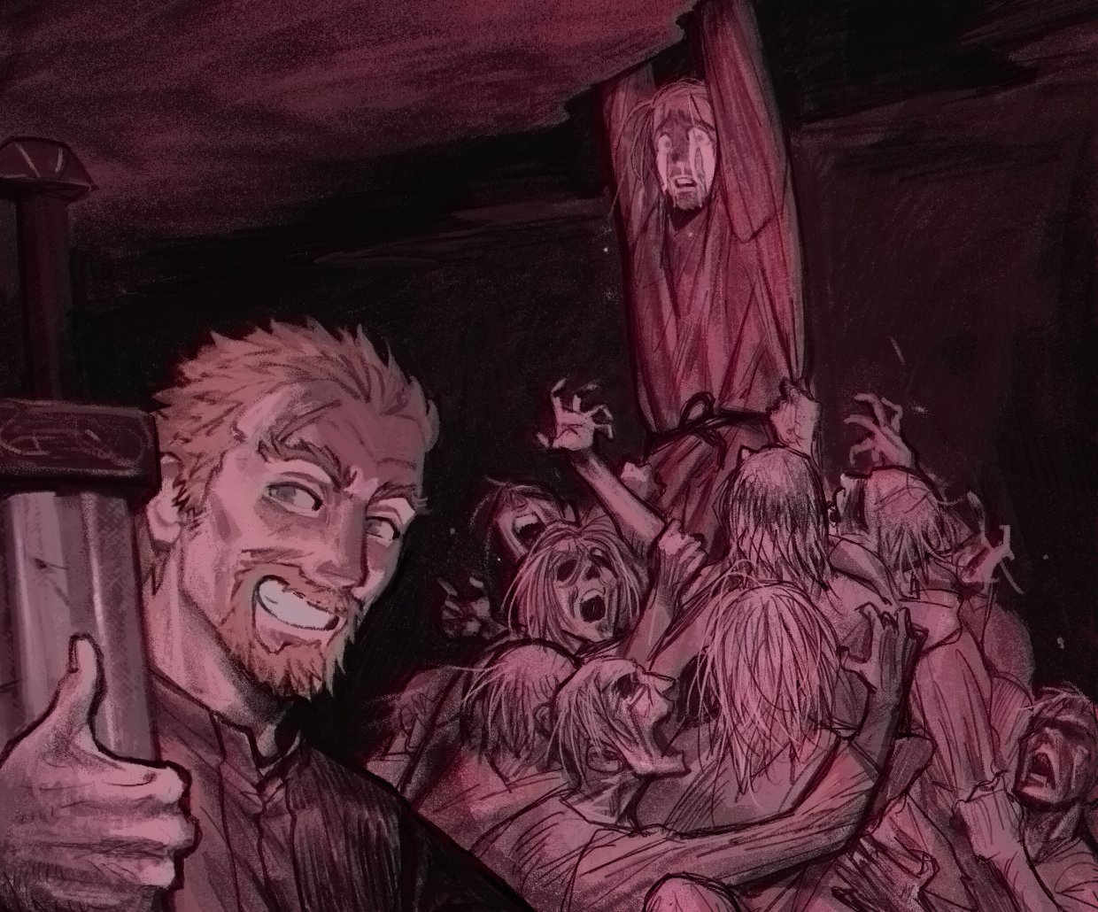 flrrrrr222222, askeladd, thorfinn, vinland saga, blonde hair, clothes grab, crying, facial hair, furrowed brow, goatee, grin, hanging, hell, holding, holding sword, holding weapon, hollow eyes, looking at viewer, male focus, mature male, open mouth, outstretched arms, shirt grab, sketch, smile, streaming tears, sword, tears, teeth, thumbs up, weapon