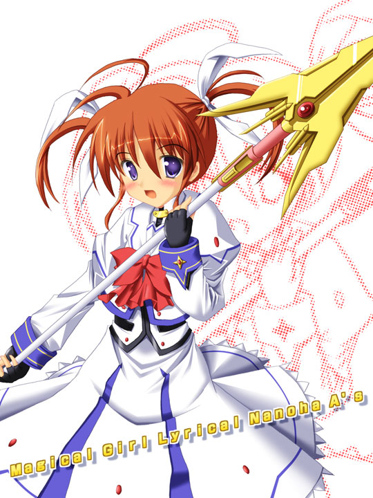 yoshiharu, raising heart, raising heart (exelion mode), takamachi nanoha, takamachi nanoha (sacred mode), lyrical nanoha, mahou shoujo lyrical nanoha, 00s, 1girl, blush, bow, brown hair, copyright name, female focus, fingerless gloves, gloves, looking at viewer, magazine (weapon), magical girl, polearm, purple eyes, red bow, red hair, ribbon, short hair, smile, solo, spear, twintails, weapon, zoom layer