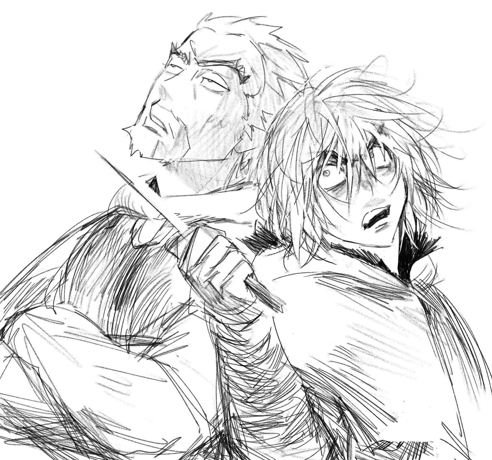 flrrrrr222222, askeladd, thorfinn, vinland saga, highres, 2boys, angry, blade to throat, crossed arms, dagger, facial hair, fur-trimmed jacket, fur trim, furrowed brow, goatee, greyscale, hair between eyes, holding, holding dagger, holding knife, holding weapon, jacket, knife, looking at another, male focus, medium hair, messy hair, monochrome, multiple boys, parted lips, short hair, shouting, sketch, threat, upper body, weapon, white background