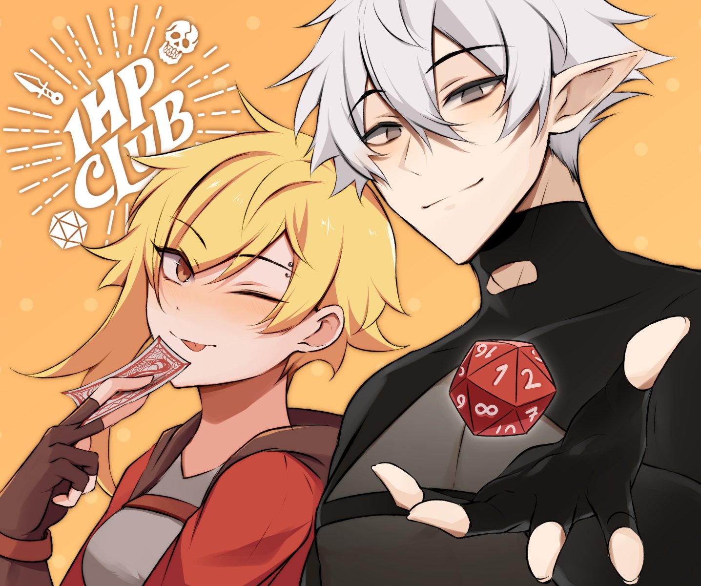 elfboiii, commentary, english commentary, highres, promotional art, 1boy, 1girl, 1hp club, ;p, alice (1hp club), black gloves, black shirt, blonde hair, brown eyes, brown gloves, brown hood, card, coat, copyright logo, copyright name, d20 (die), dice, double-parted bangs, eyebrow piercing, face piercing, fingerless gloves, gloves, grey eyes, grey shirt, hair between eyes, holding, holding card, incoming gift, obi (1hp club), one eye closed, piercing, playing card, pointy ears, polyhedral dice, red coat, see-through cleavage, see-through clothes, shirt, short hair, spread fingers, tongue, tongue out, upper body, white hair