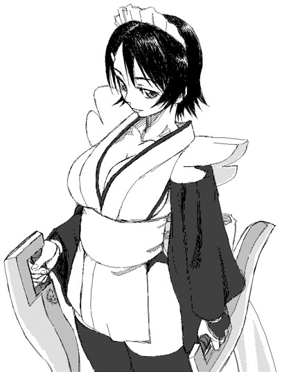 iroha (samurai spirits), samurai spirits, 1girl, breasts, cleavage, female focus, greyscale, large breasts, monochrome, solo