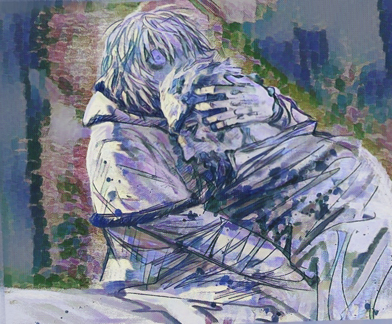 flrrrrr222222, askeladd, thorfinn, ivan the terrible and his son ivan, vinland saga, derivative work, 2boys, arm around neck, blood, blood on clothes, capelet, death, facial hair, fur-trimmed capelet, fur trim, goatee, hair between eyes, hand on another's head, male focus, mature male, medium hair, multiple boys, panicking, short hair, wide-eyed