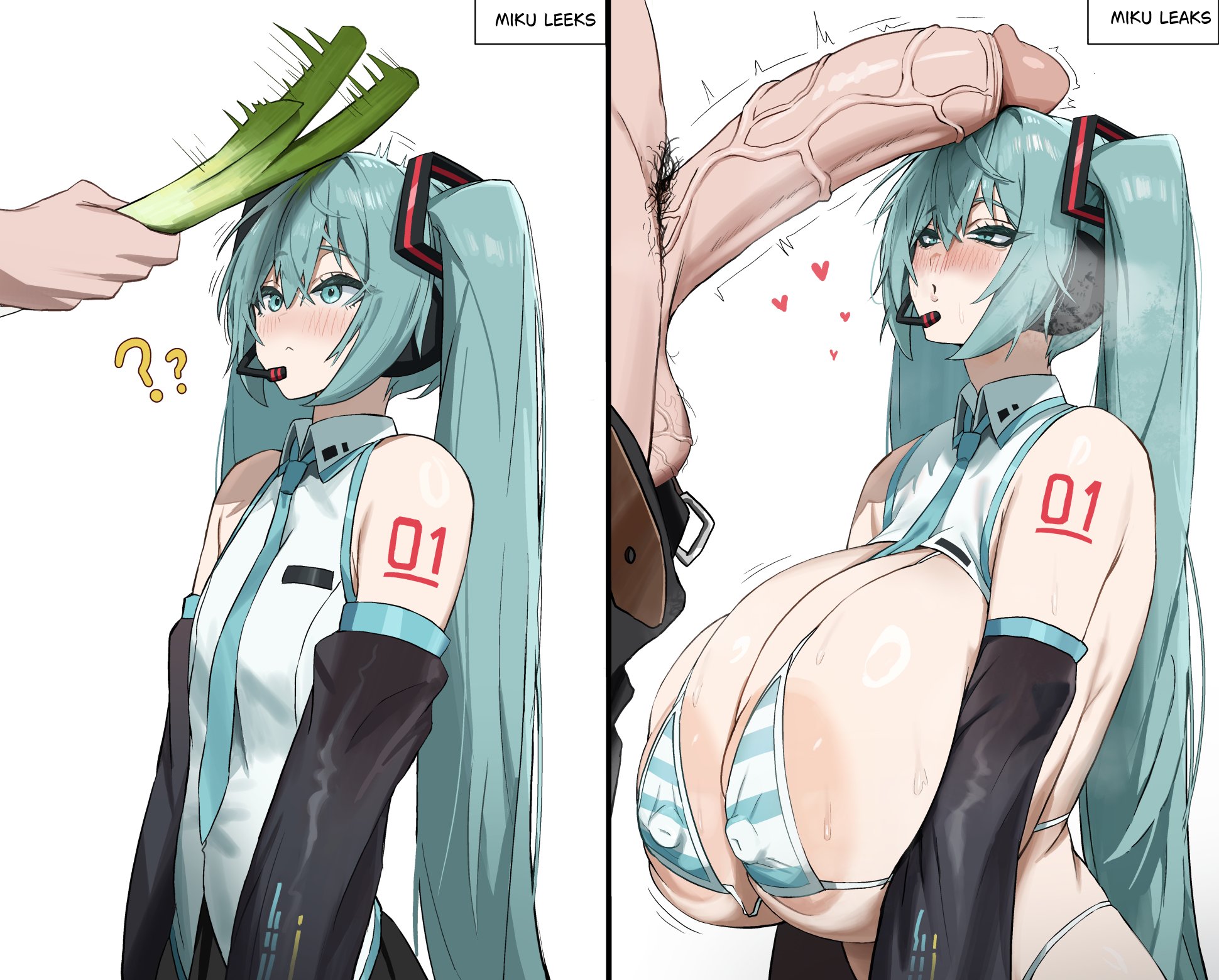 dotthebot, hatsune miku, vocaloid, 1boy, 1girl, ?, ??, alternate breast size (larger), before and after, blue hair, bra, breast expansion, breasts, clothes pull, covered erect nipples, huge breasts, huge penis, large breasts, pants, pants pull, penis, penis awe, penis on face, pubic hair, sexually suggestive, small breasts, striped bra, striped clothes, testicles, twintails, underwear