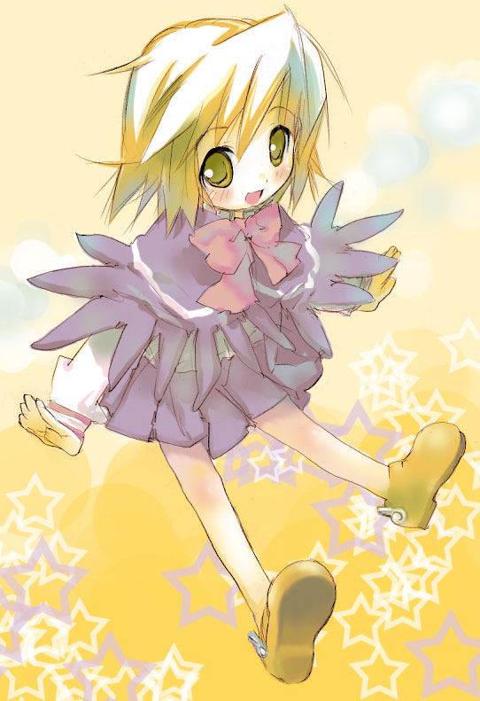 minis, summon night, summon night 2, source request, 1girl, blonde hair, blush, bow, capelet, female focus, ribbon, shoes, short hair, smile, solo, star (symbol), star symbol background, yellow eyes
