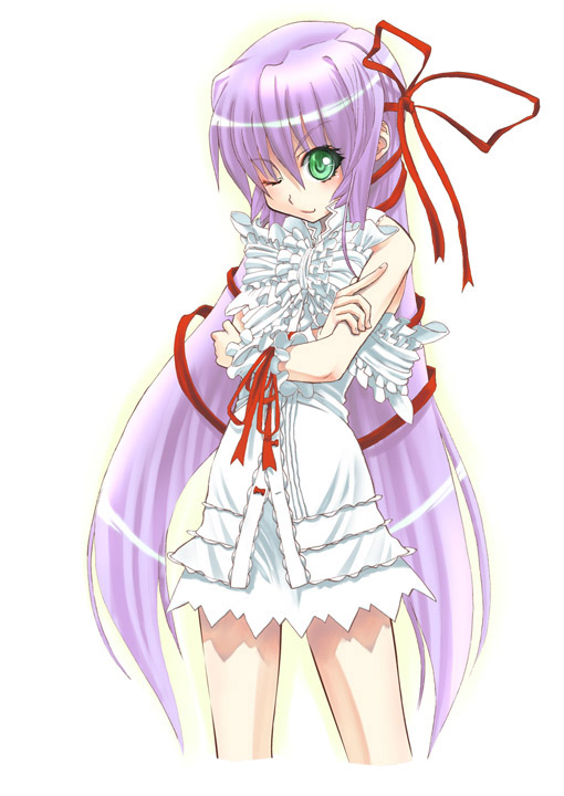 al azif (demonbane), demonbane, 00s, crossed arms, green eyes, one eye closed, purple hair, ribbon, solo, wink