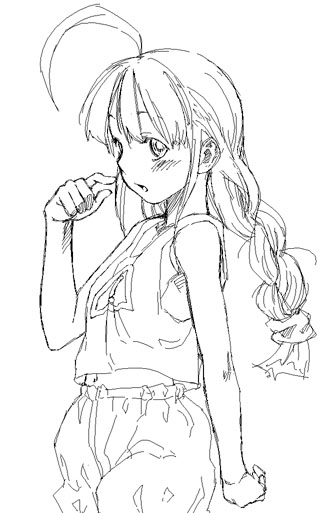 me-tan, os-tan, 1girl, ahoge, braid, female focus, greyscale, long hair, monochrome, shirt, shorts, solo