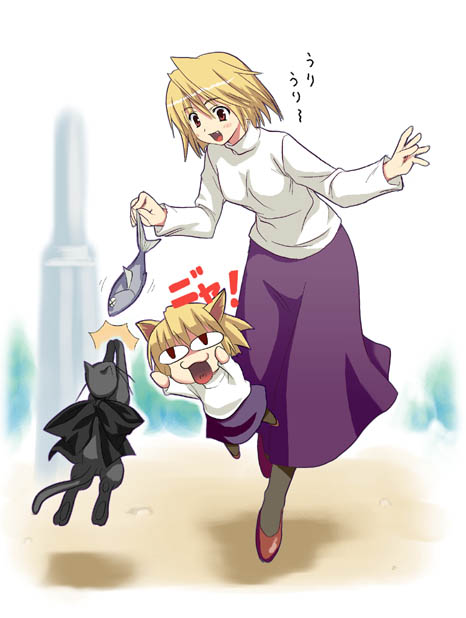 zono (rinkara-sou), arcueid brunestud, len (cat) (tsukihime), len (tsukihime), neco-arc, melty blood, tsukihime, 00s, 2girls, blonde hair, cat, fang, fish, long skirt, multiple girls, pantyhose, purple skirt, red eyes, shoes, skirt, sweater