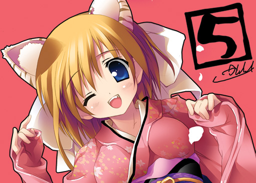 kantoku, animal ears, blue eyes, cat ears, fang, japanese clothes, one eye closed, solo, wink