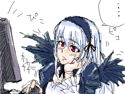 suigintou, rozen maiden, silver hair, lowres, …, 00s, 1girl, arm support, bored, computer, female focus, hairband, lolita hairband, long sleeves, pink eyes, simple background, solo, speech bubble